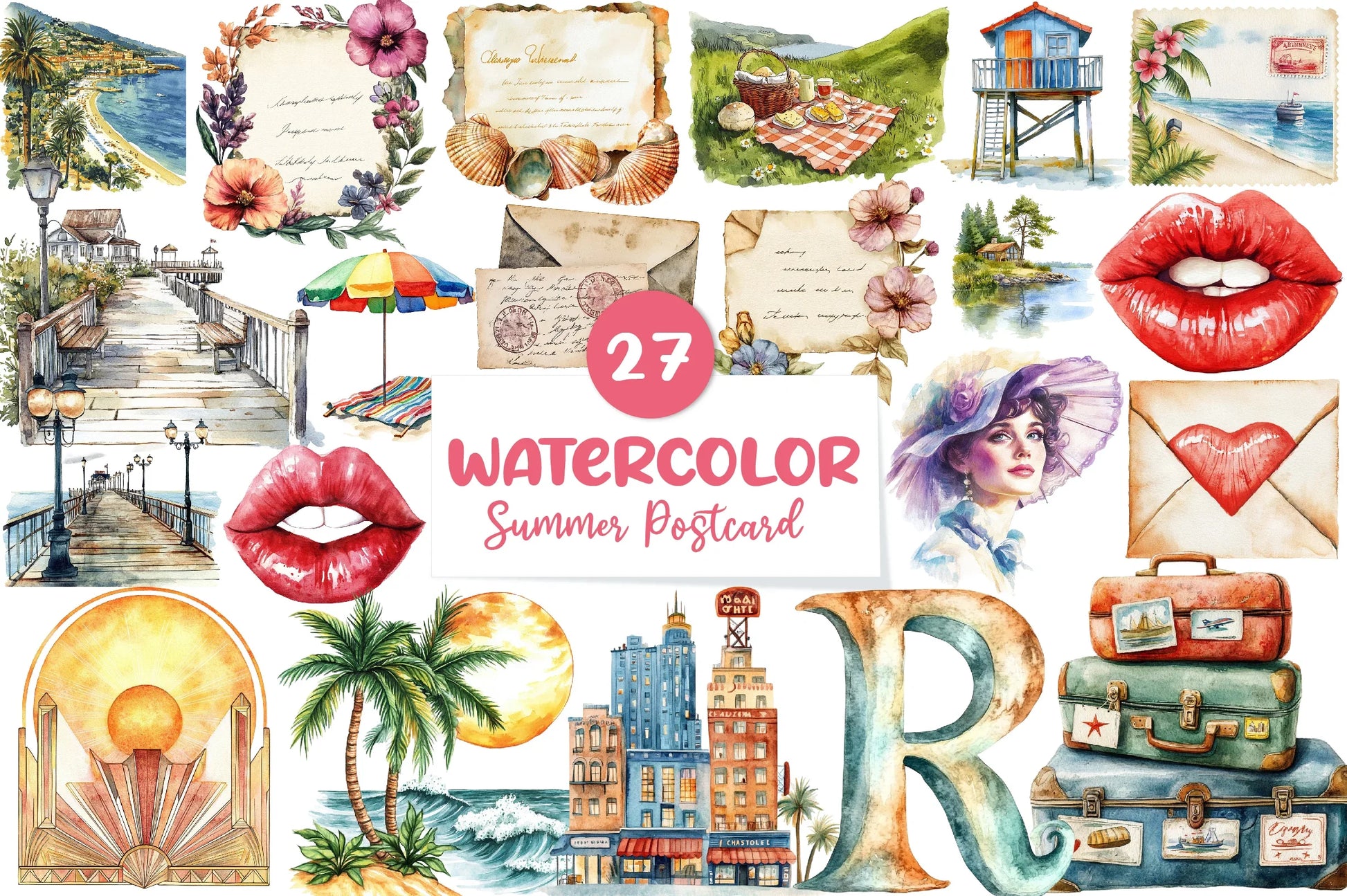 1920S Summer Postcard Clipart Bundle - CraftNest - Digital Crafting and Art