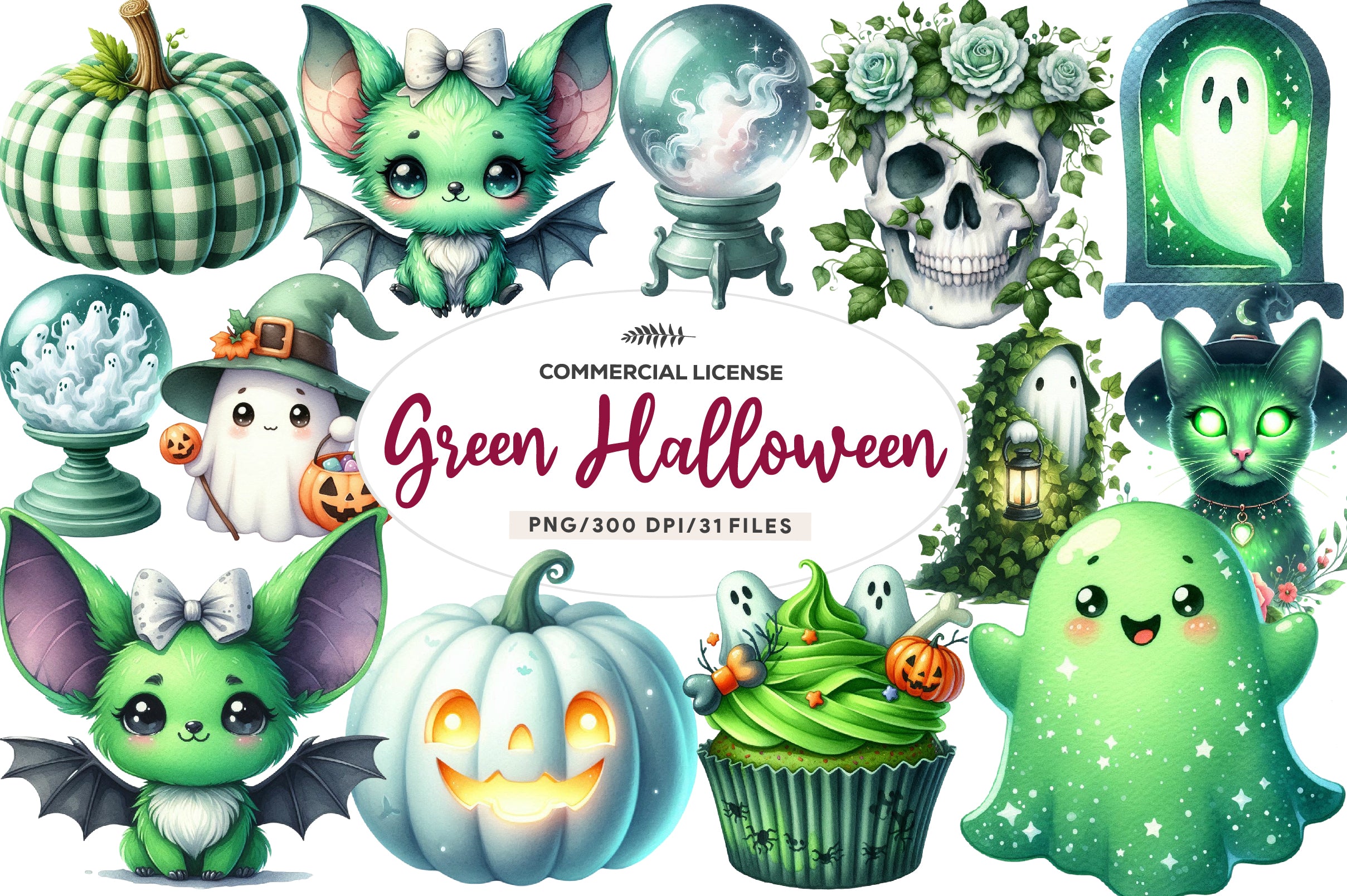 Green & White Halloween Clipart Bundle - CraftNest - Digital Crafting and Art