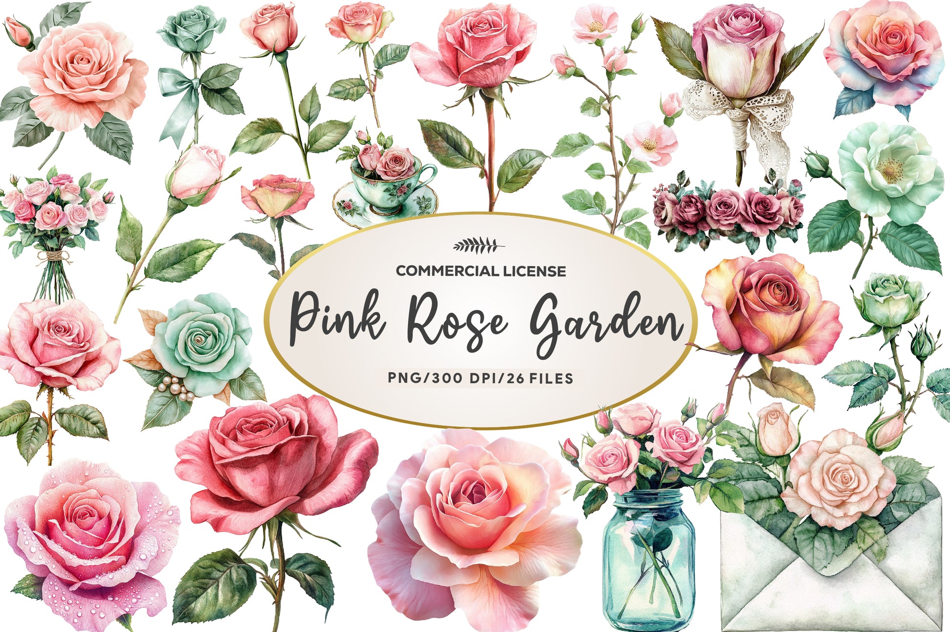 Mint And Pink Rose Garden Clipart Bundle - CraftNest - Digital Crafting and Art