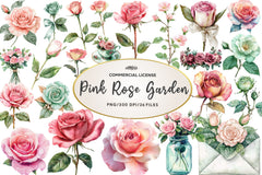 Mint And Pink Rose Garden Clipart Bundle - CraftNest - Digital Crafting and Art