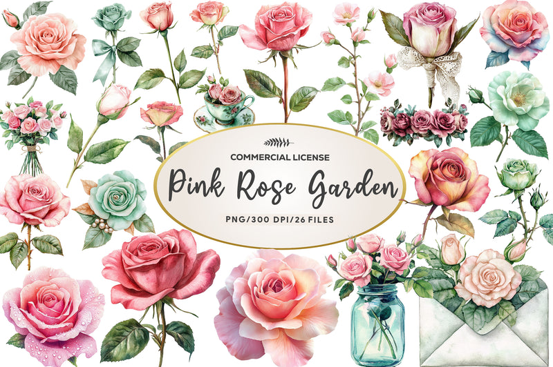 Mint And Pink Rose Garden Clipart Bundle - CraftNest - Digital Crafting and Art