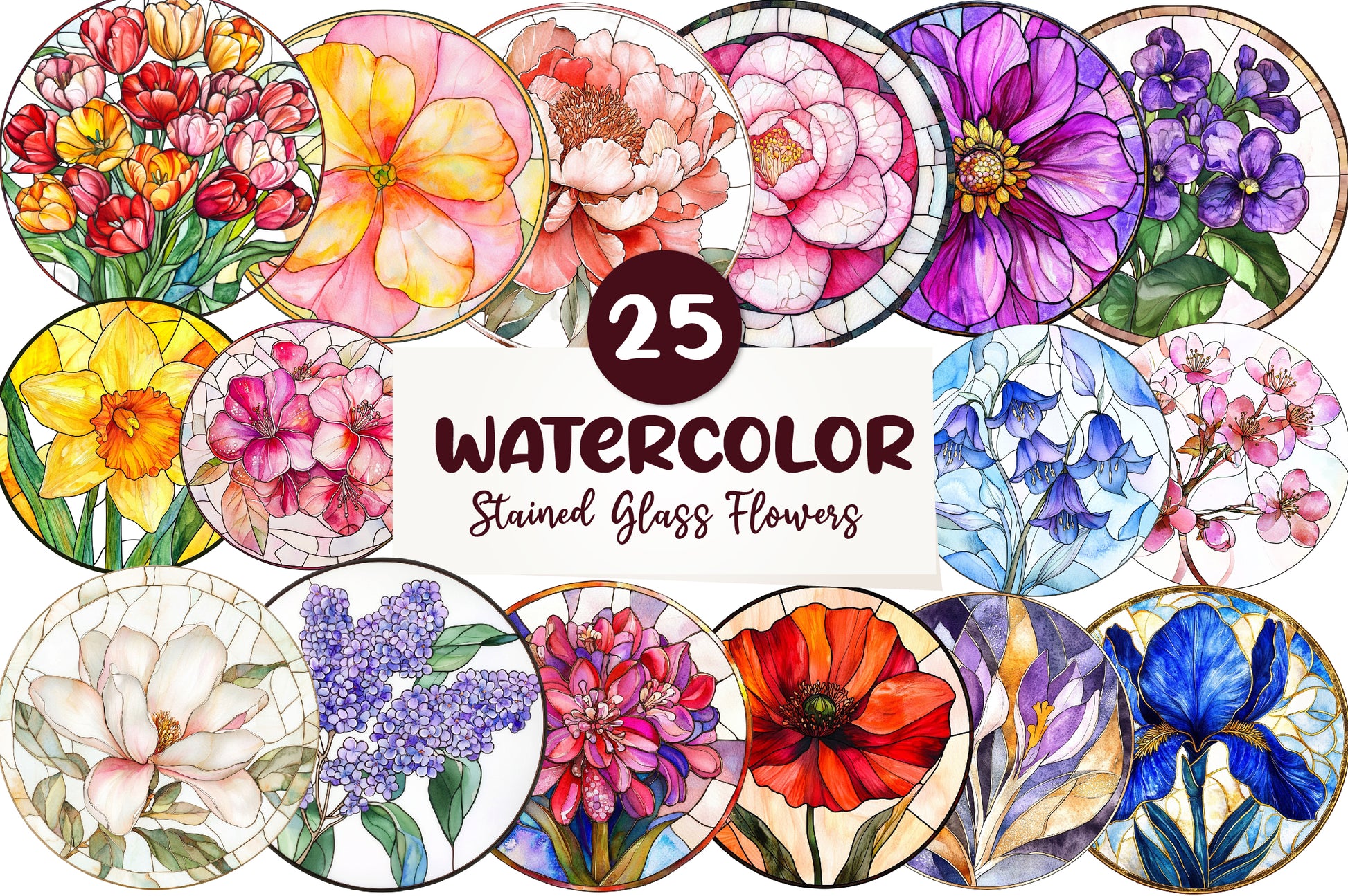 Round Stained Glass Spring Flowers Clipart Bundle - CraftNest - Digital Crafting and Art