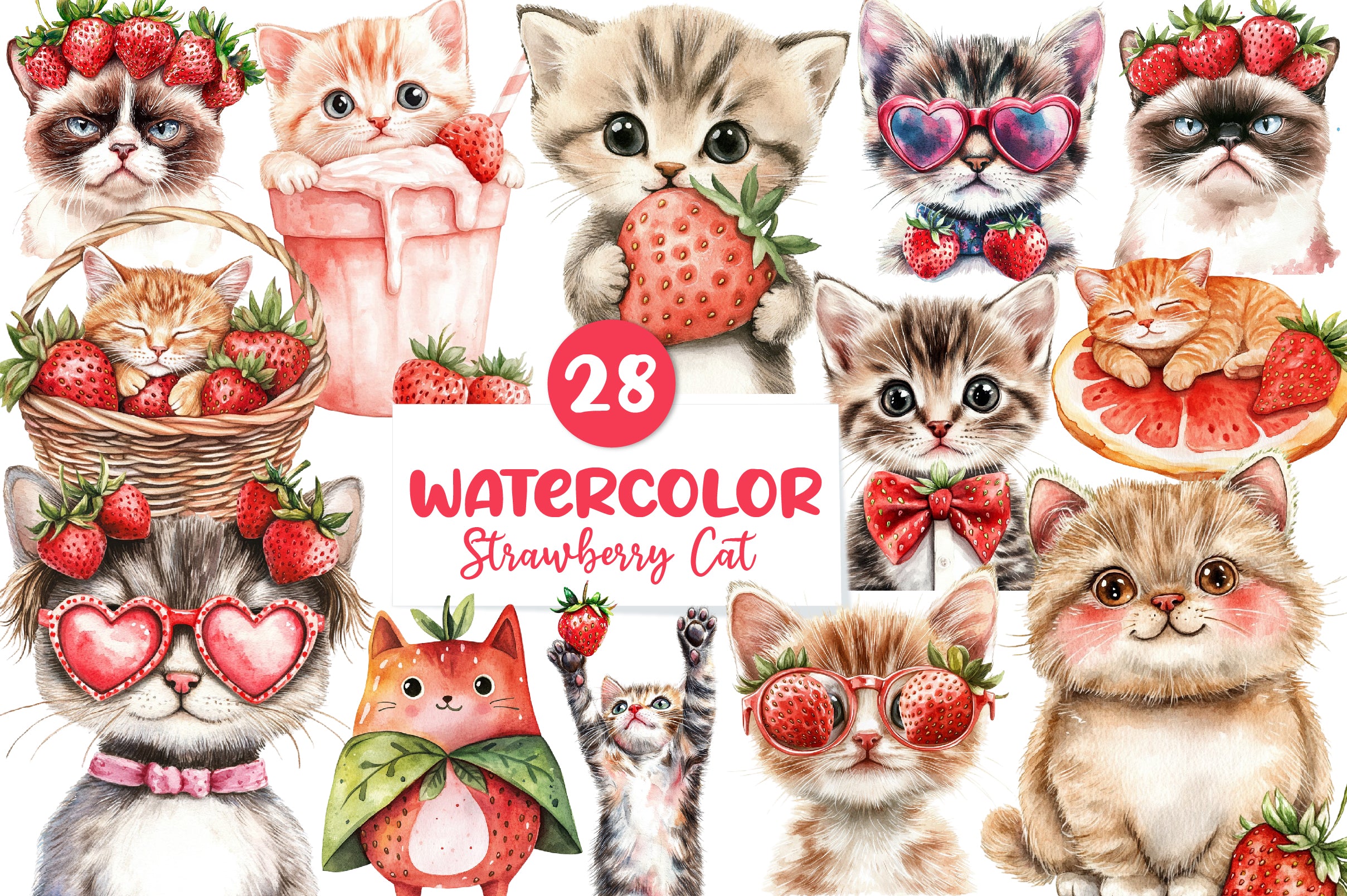 Strawberry Cat Clipart Bundle - CraftNest - Digital Crafting and Art