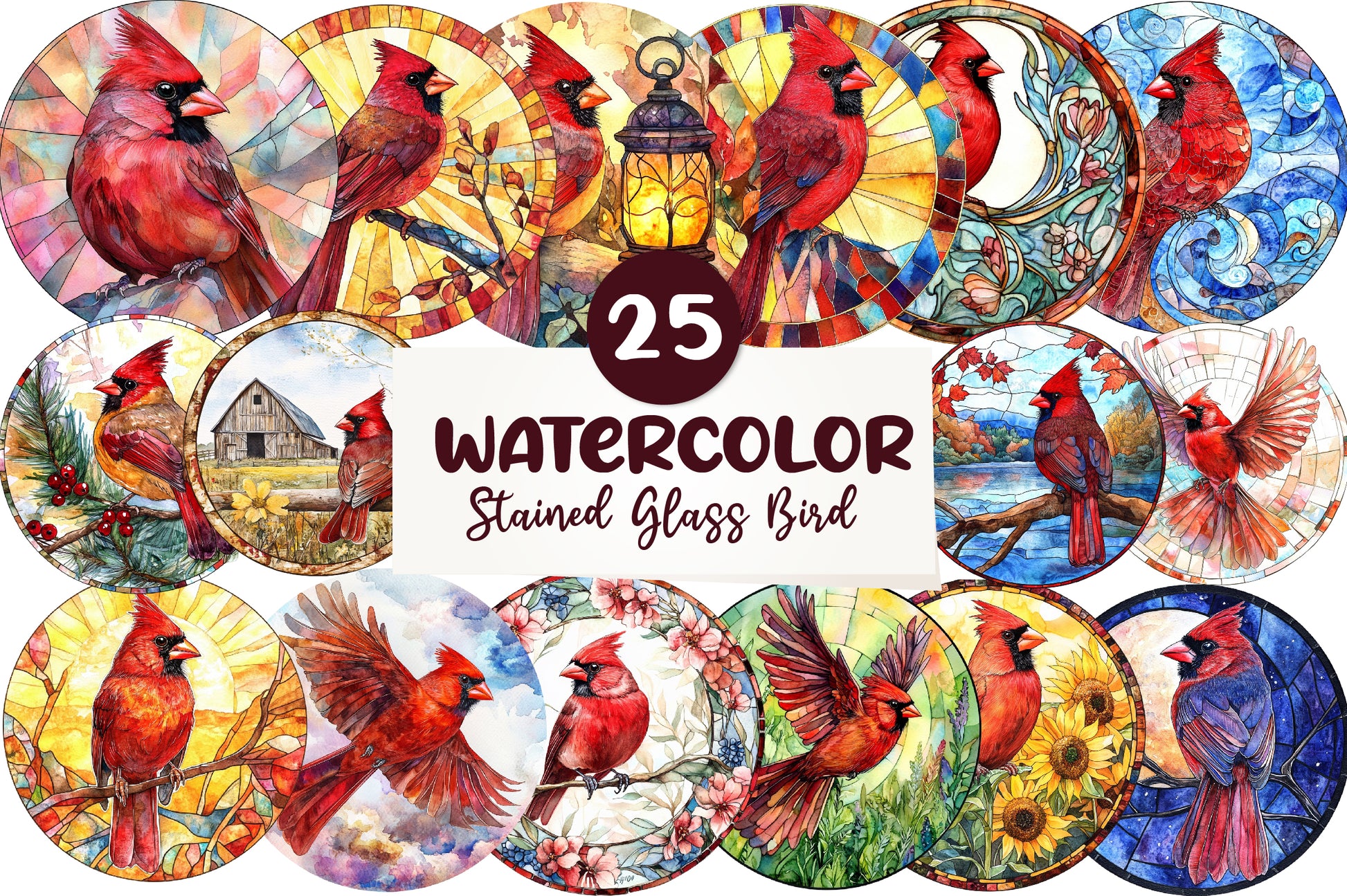 Round Stained Glass Cardinal Bird Clipart Bundle - CraftNest - Digital Crafting and Art