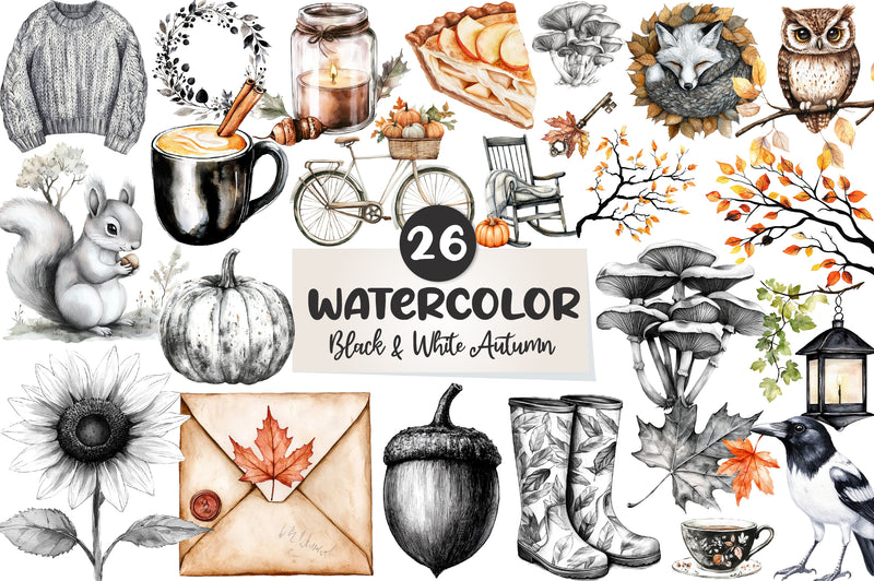 Black & White Autumn Clipart Bundle - CraftNest - Digital Crafting and Art