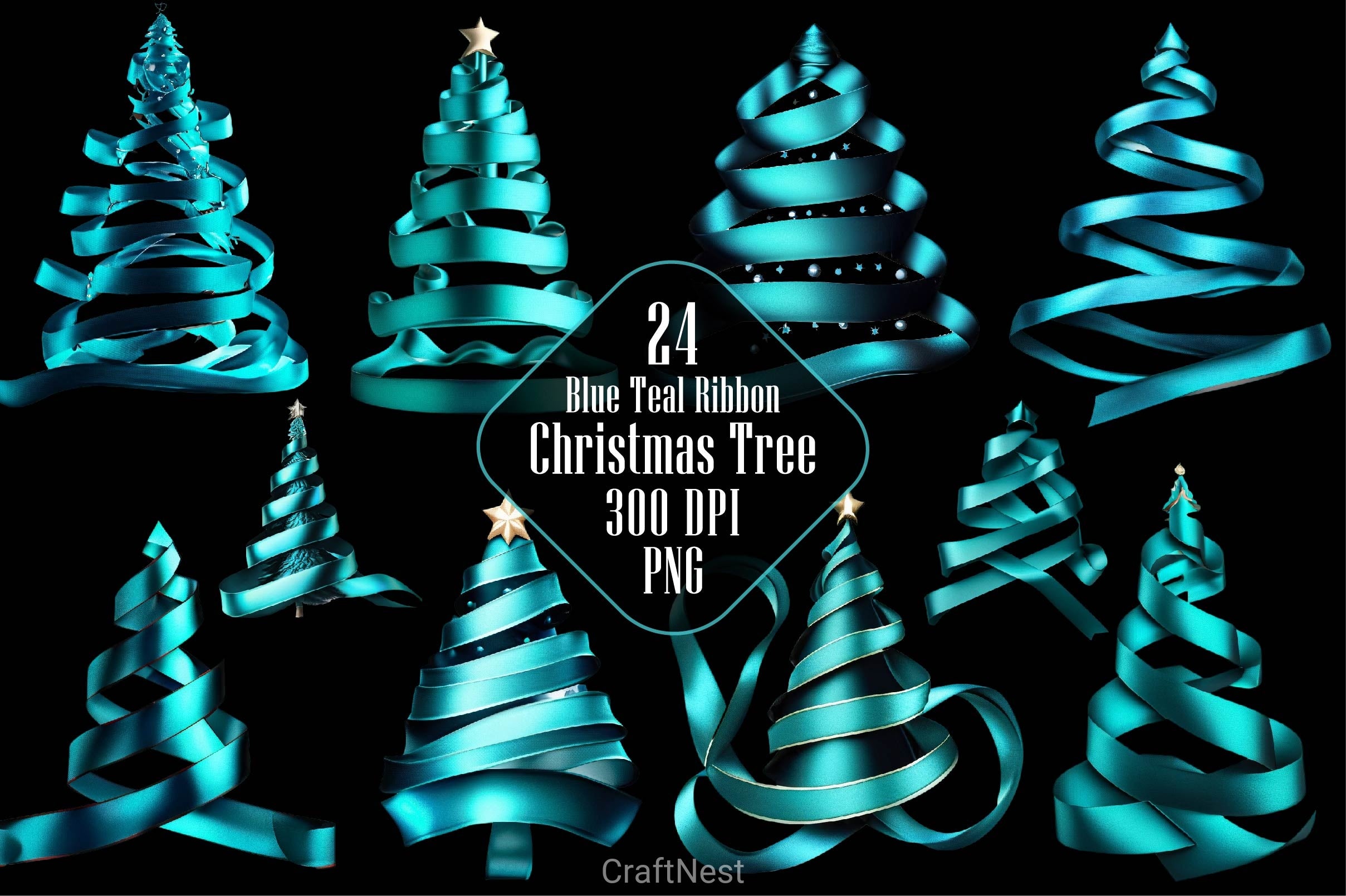 Blue Teal Ribbon Christmas Tree Clipart Bundle - CraftNest - Digital Crafting and Art