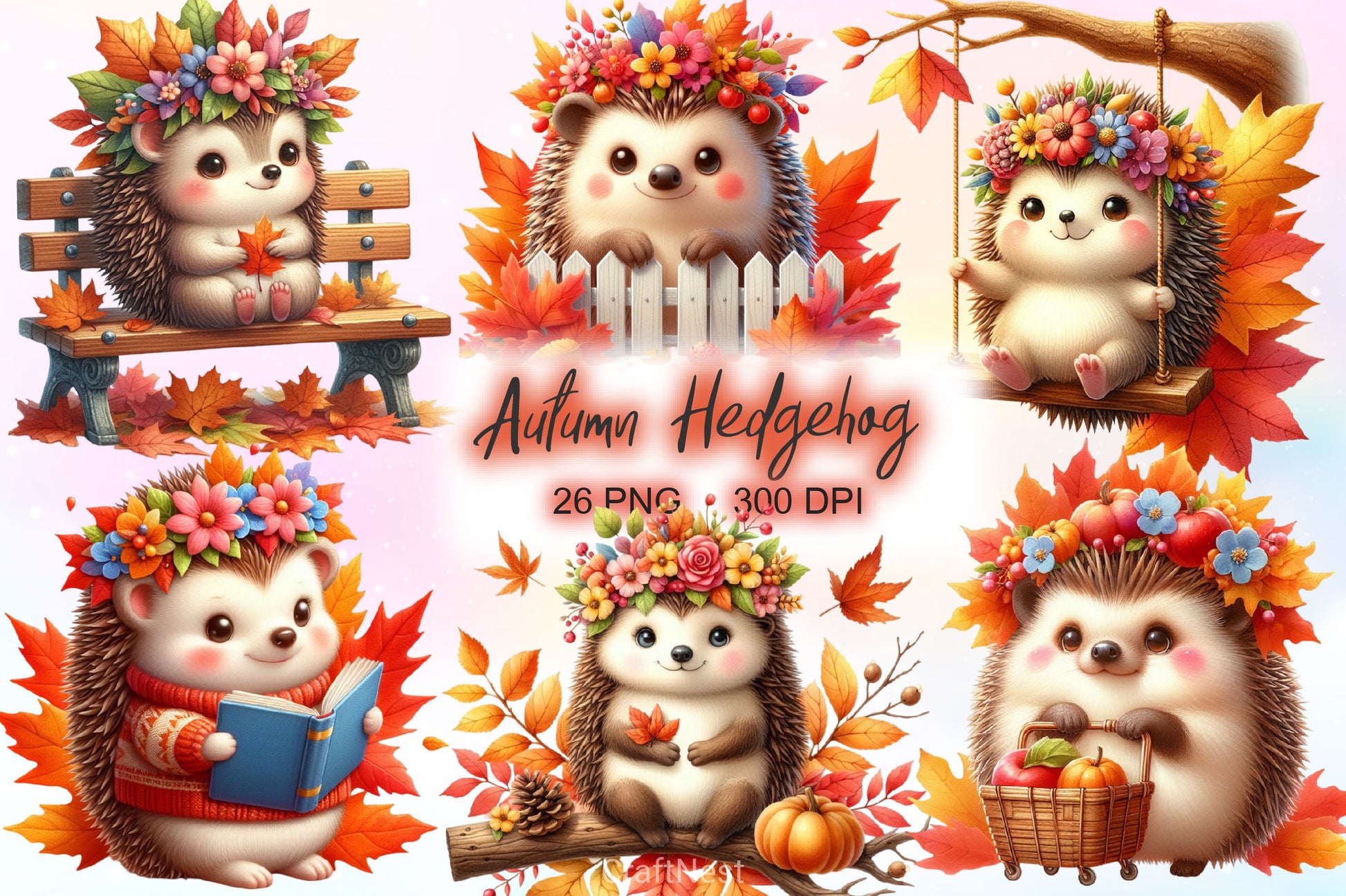 Autumn Cute Hedgehog Clipart Bundle 2 - CraftNest - Digital Crafting and Art
