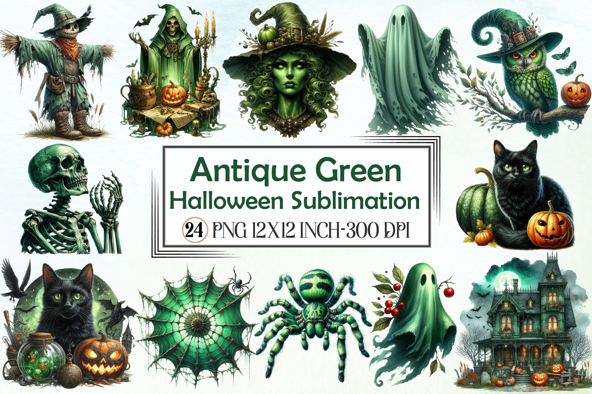Antique Green Halloween Clipart Bundle - CraftNest - Digital Crafting and Art