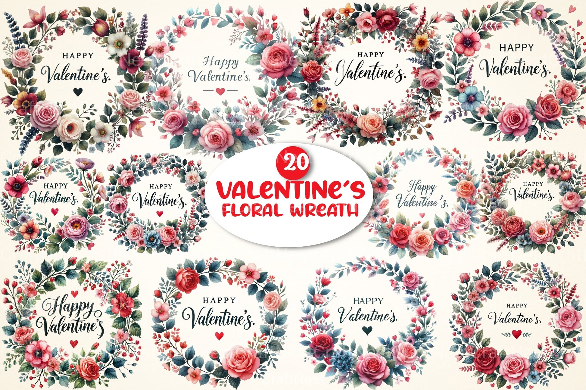 Valentine's Floral Wreath Clipart Bundle - CraftNest - Digital Crafting and Art