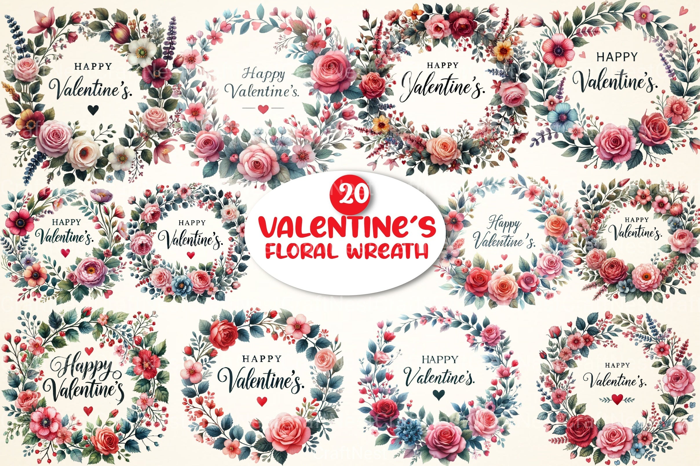 Valentine's Floral Wreath Clipart Bundle - CraftNest - Digital Crafting and Art