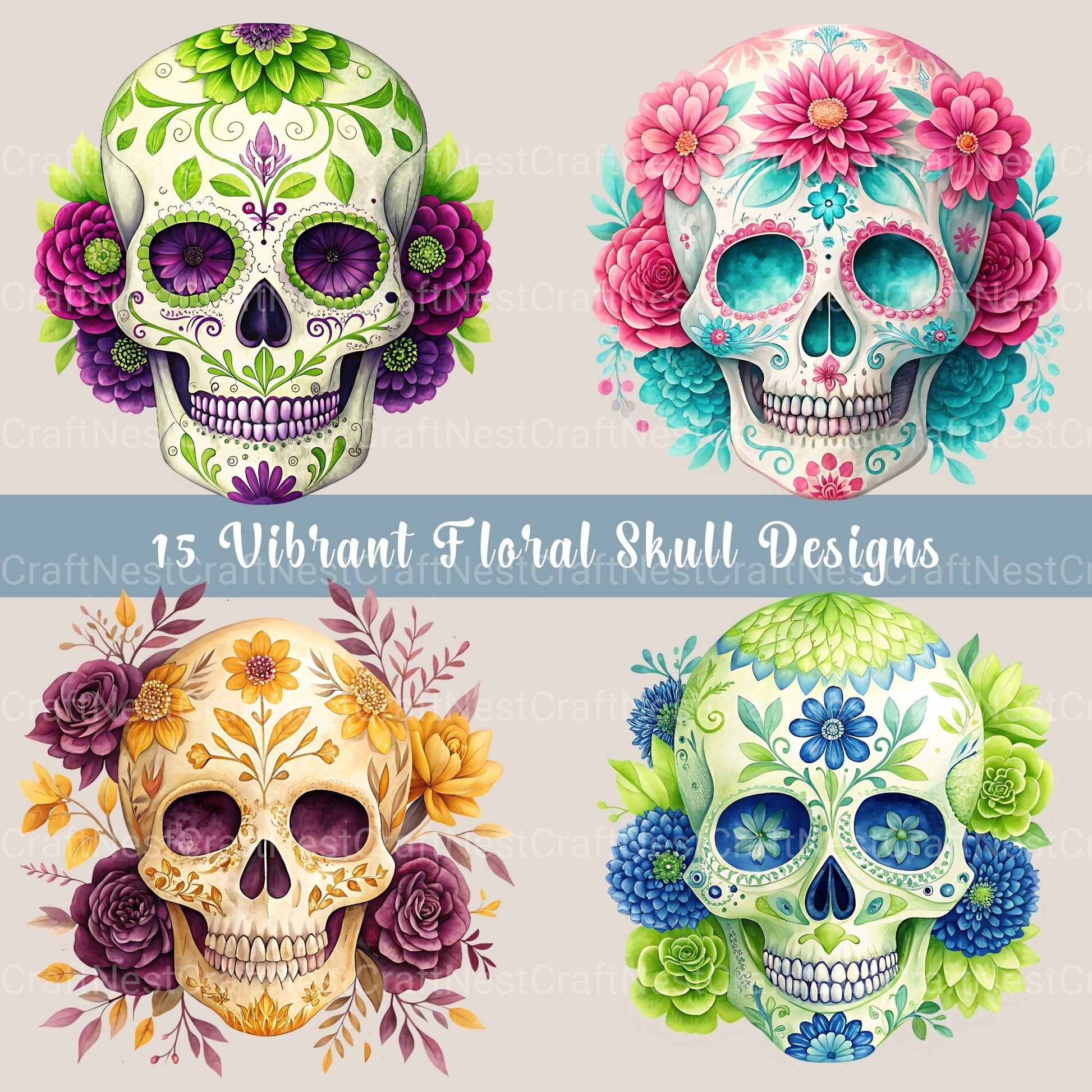 Floral Skulls Clipart Bundle 1 - CraftNest - Digital Crafting and Art