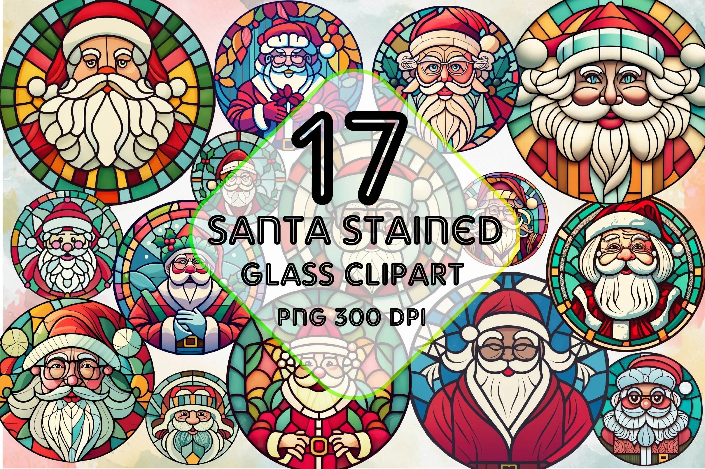 Round Santa Stained Glass Clipart Bundle