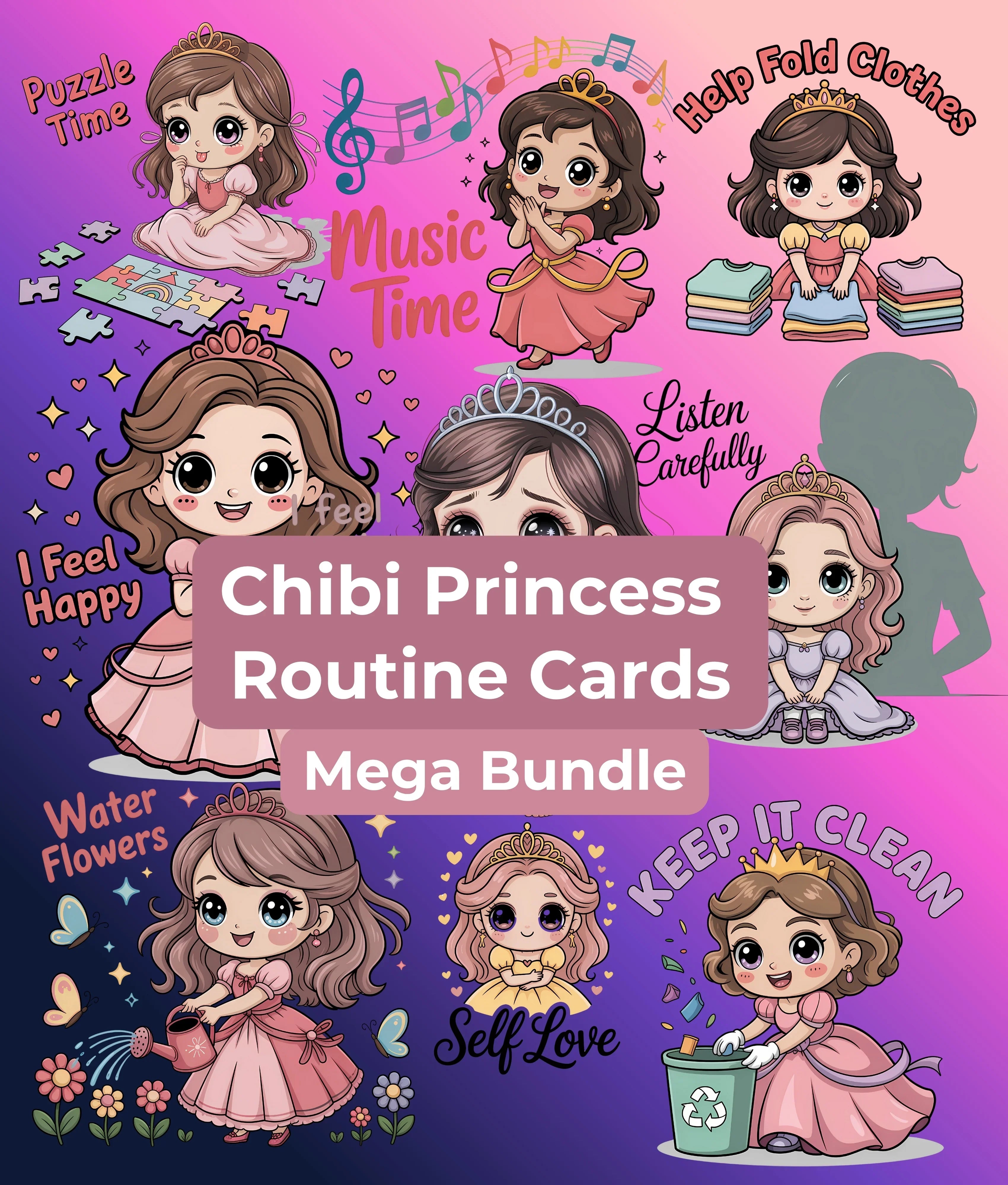 Daily Routine Chibi Chibi Princess Routine Cards Clipart Bundle
