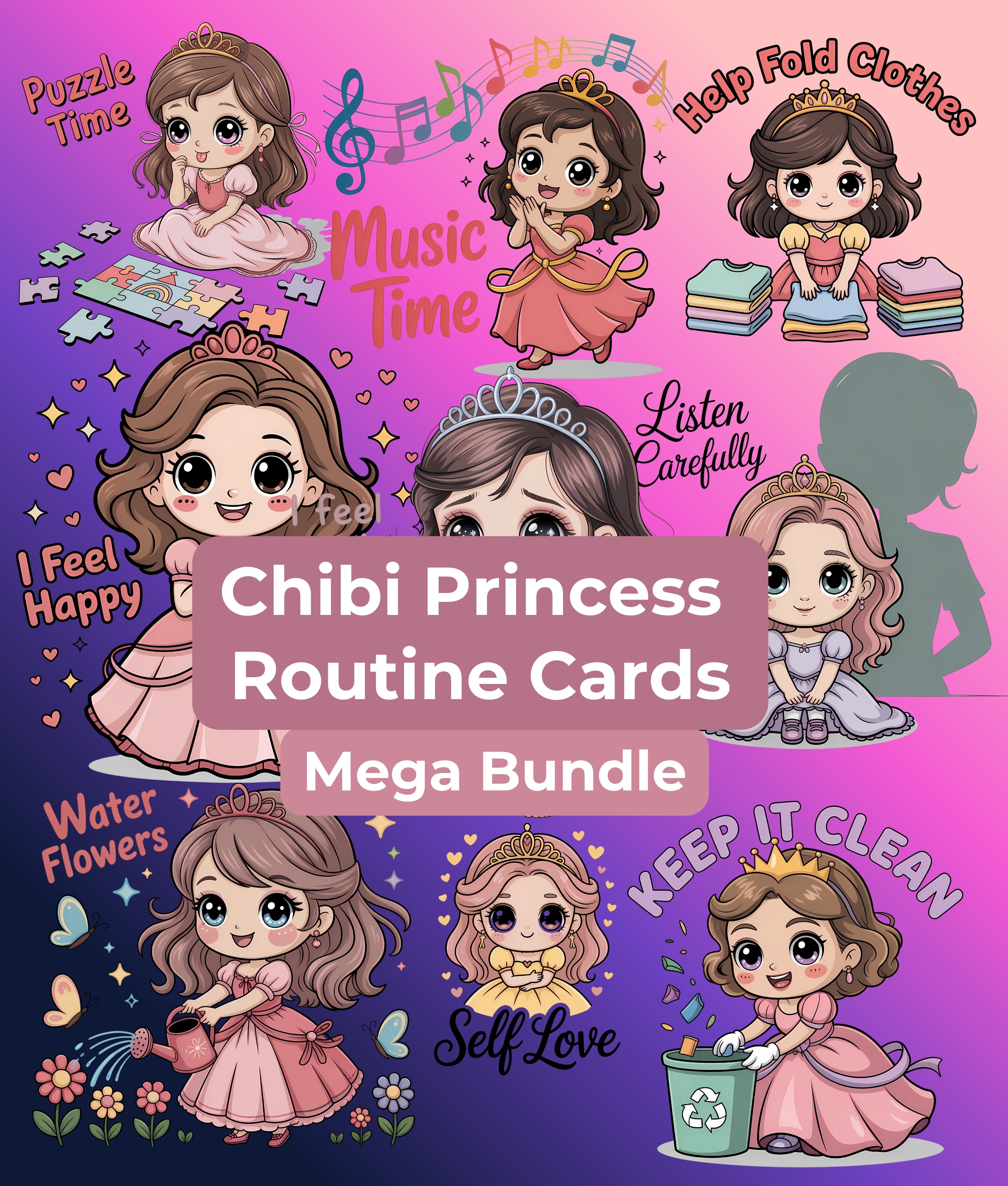 Chibi Princess Routine Cards Clipart Bundle