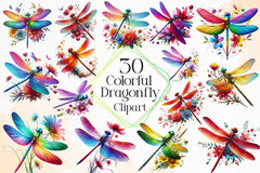 Colorful Dragonfly With Flower Clipart Bundle - CraftNest - Digital Crafting and Art