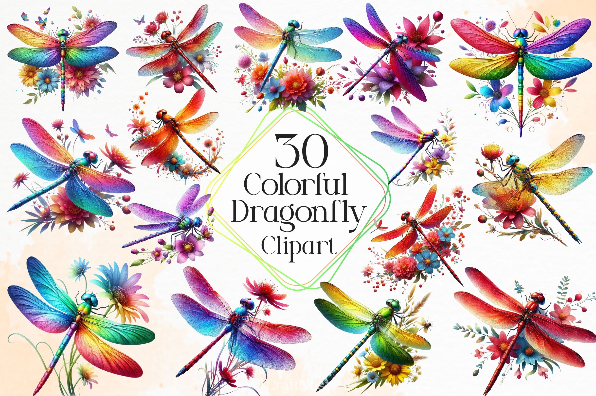 Colorful Dragonfly With Flower Clipart Bundle - CraftNest - Digital Crafting and Art
