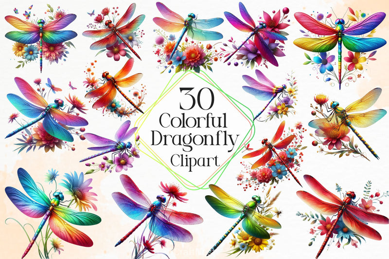 Colorful Dragonfly With Flower Clipart Bundle - CraftNest - Digital Crafting and Art