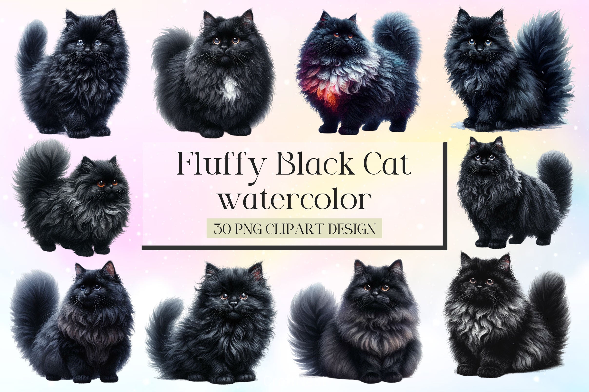 Fluffy Black Cat Clipart Bundle - CraftNest - Digital Crafting and Art