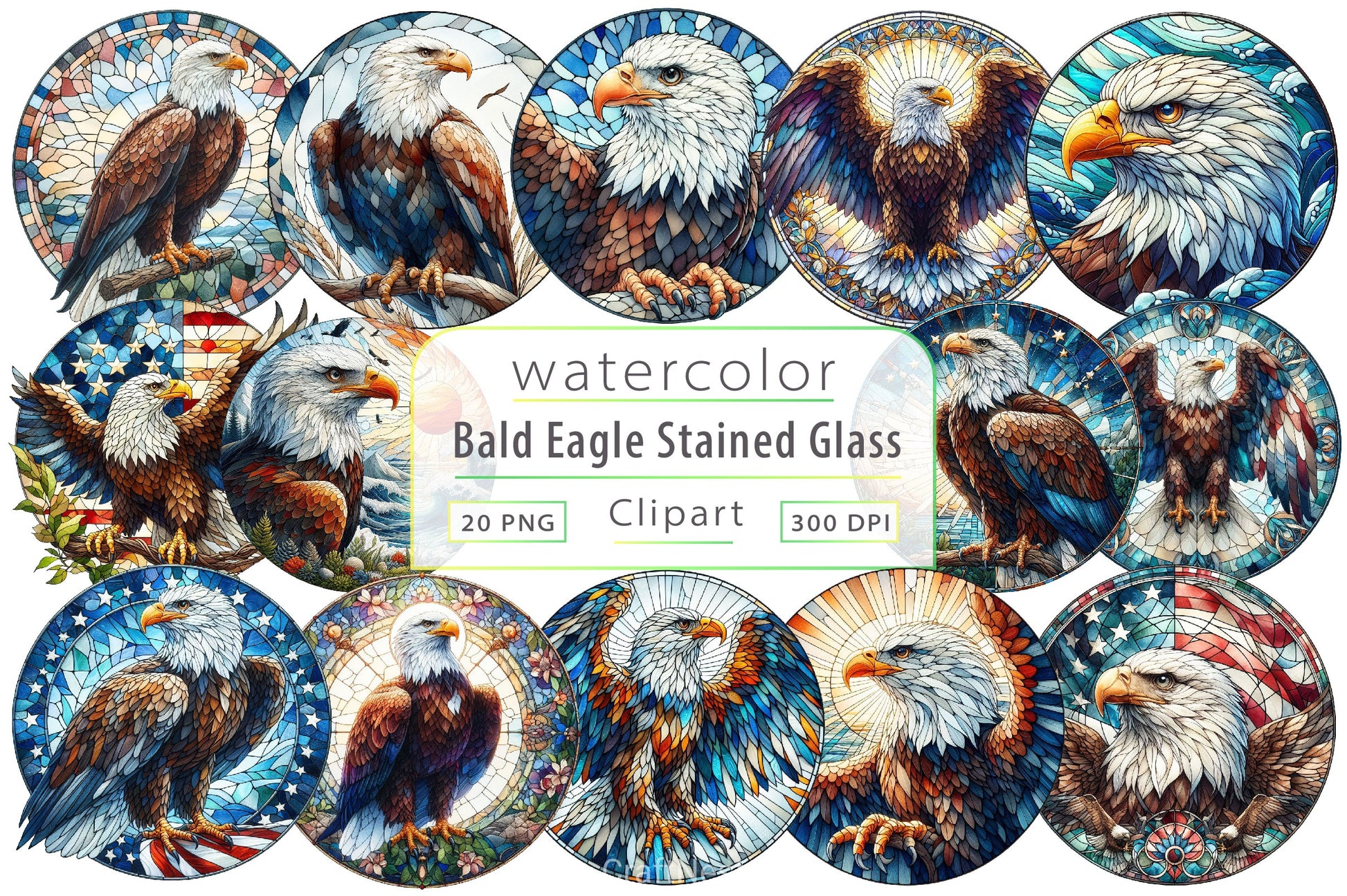 Bald Eagle Stained Glass North America Clipart Bundle - CraftNest - Digital Crafting and Art