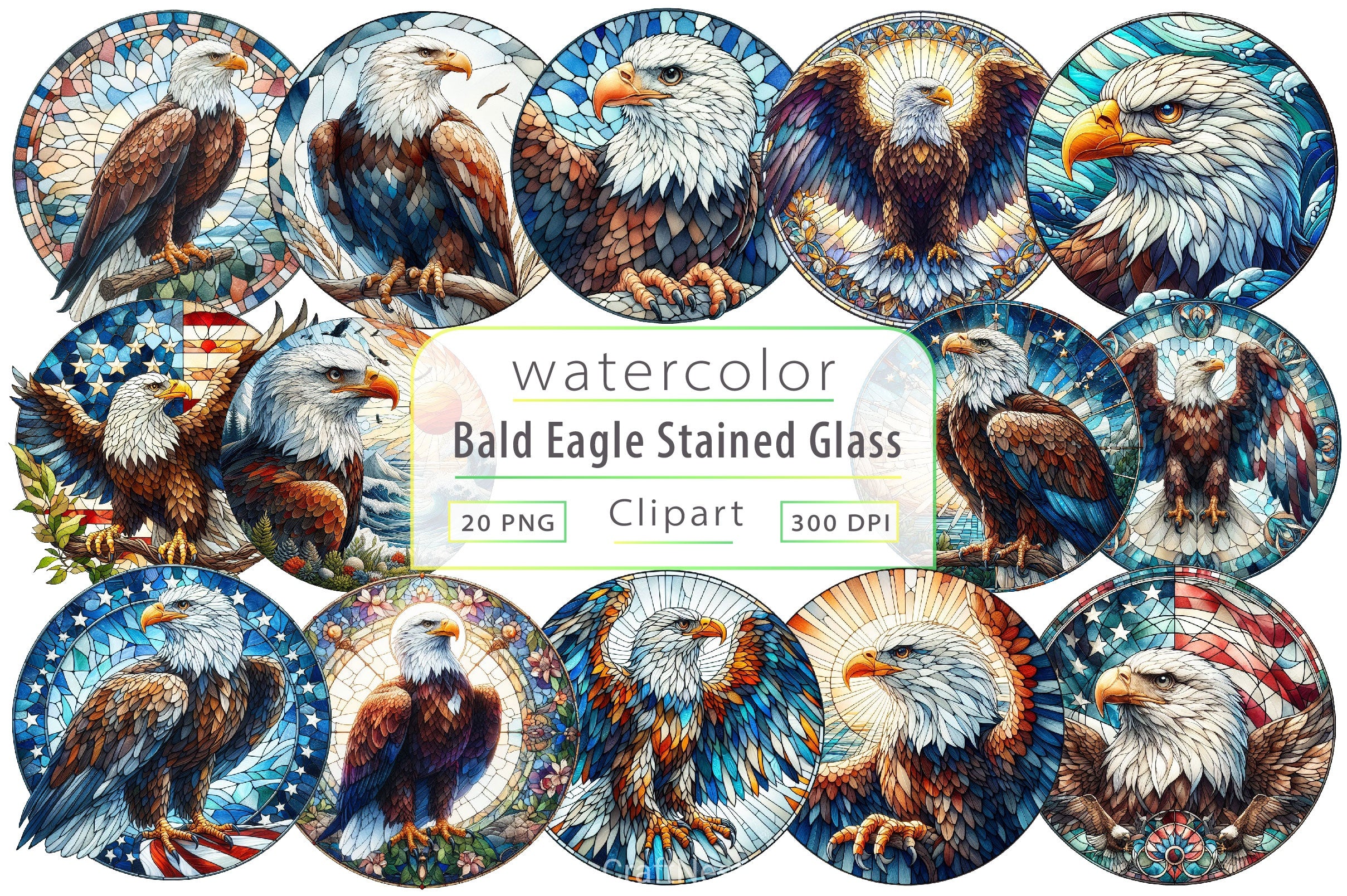 Bald Eagle Stained Glass North America Clipart Bundle - CraftNest - Digital Crafting and Art