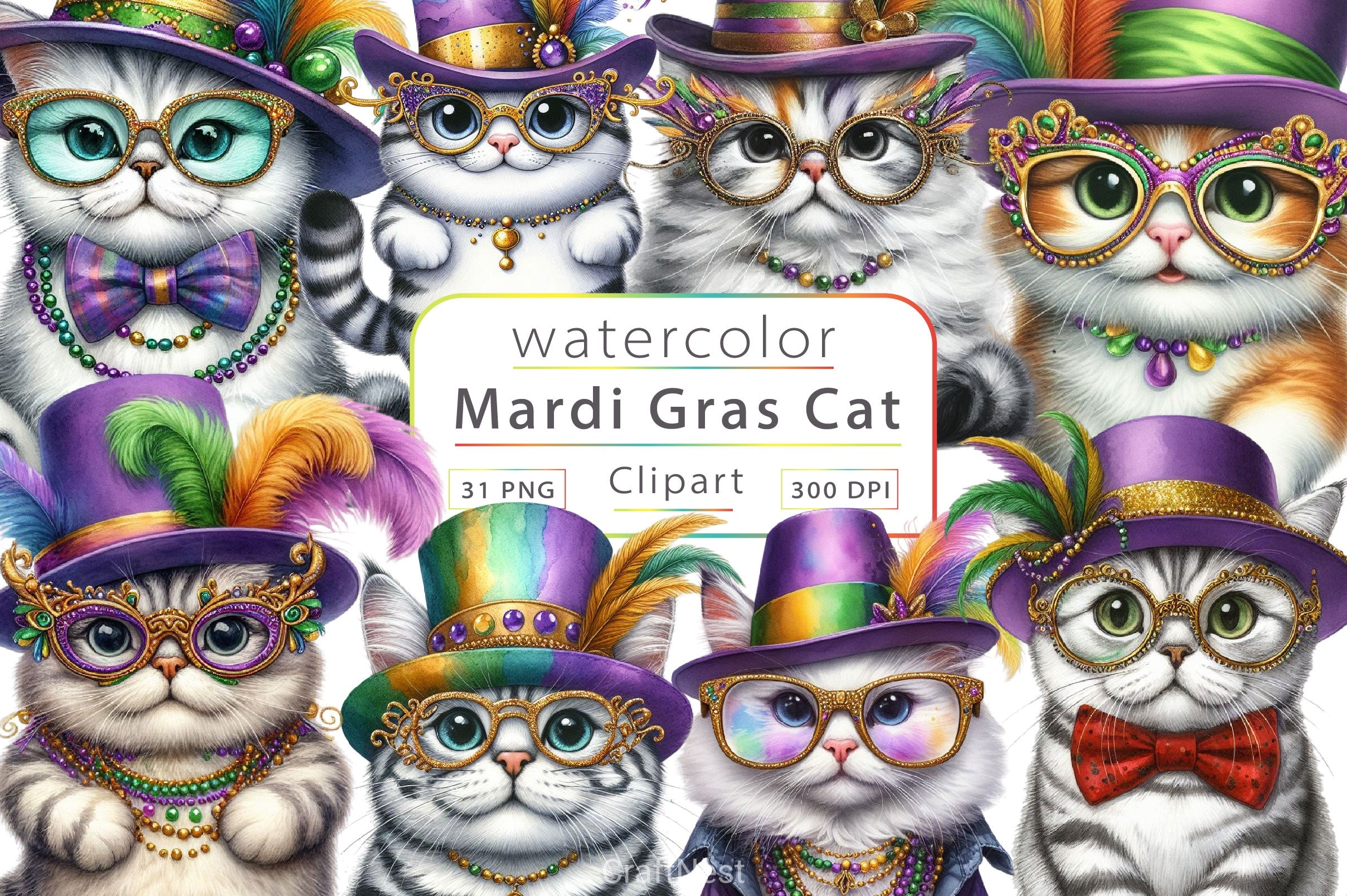 Mardi Gras Cat Clipart Bundle 5 - CraftNest - Digital Crafting and Art
