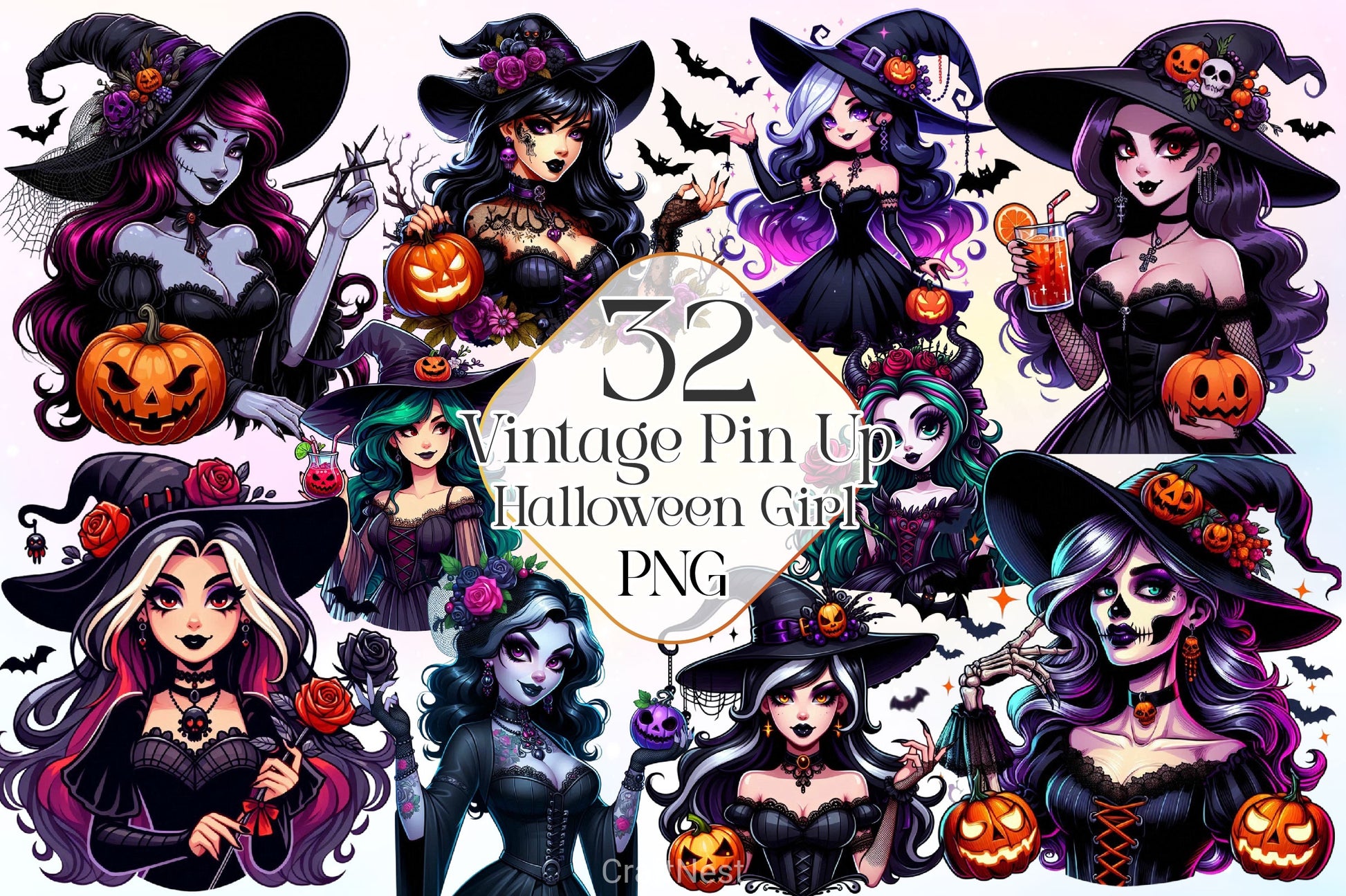 Vintage Pin Up Halloween Girl Clipart Bundle ,11 - CraftNest - Digital Crafting and Art