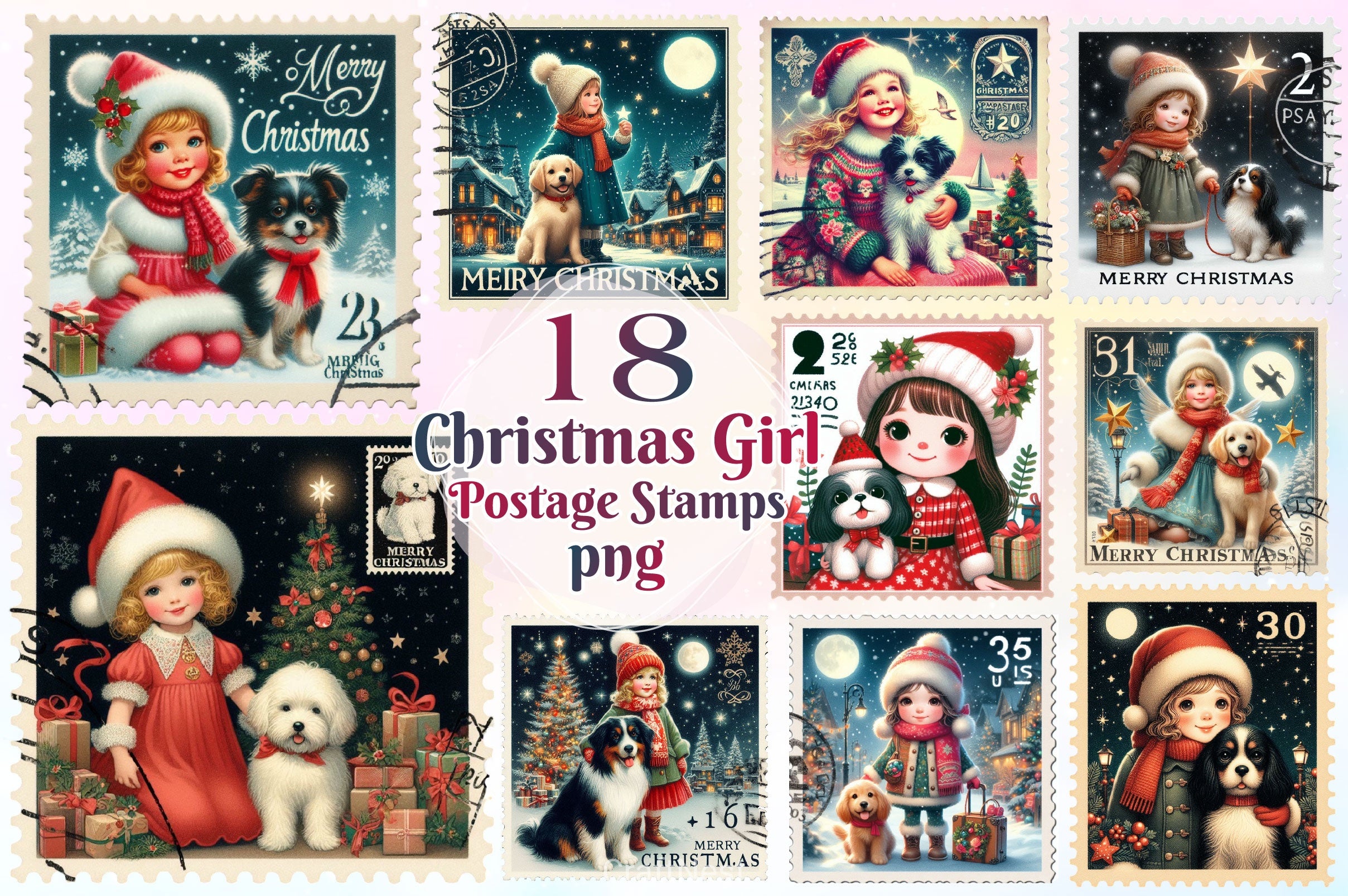 Christmas Girl Postage Stamps Clipart Bundle 2 - CraftNest - Digital Crafting and Art
