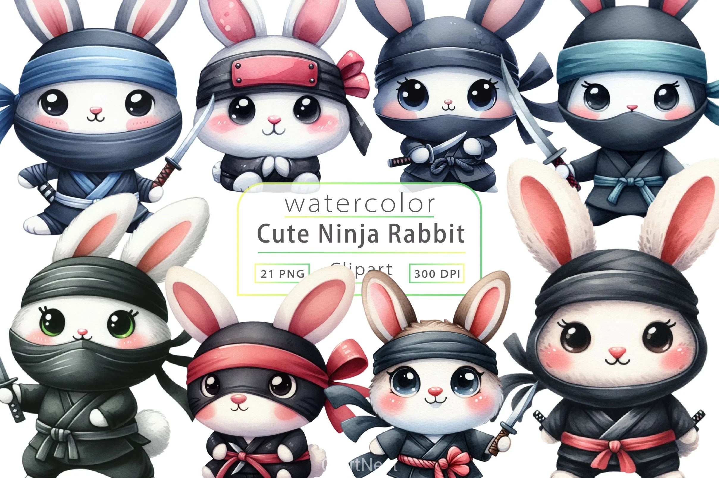 Cute Ninja Rabbit Clipart Bundle - CraftNest - Digital Crafting and Art
