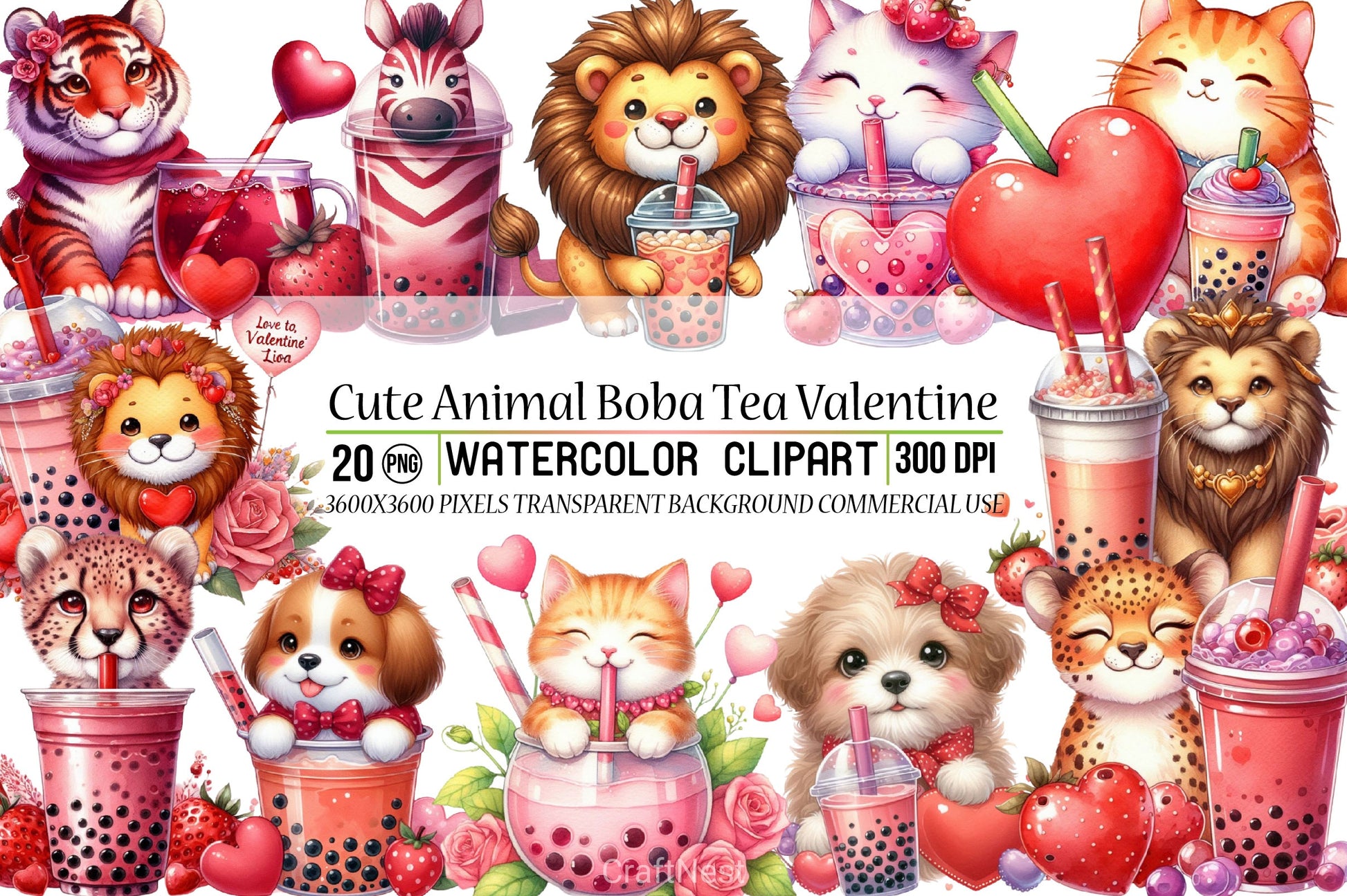 Cute Animal Boba Tea Valentine Clipart Bundle - CraftNest - Digital Crafting and Art