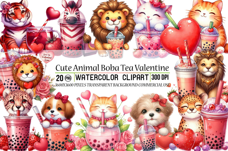 Cute Animal Boba Tea Valentine Clipart Bundle - CraftNest - Digital Crafting and Art