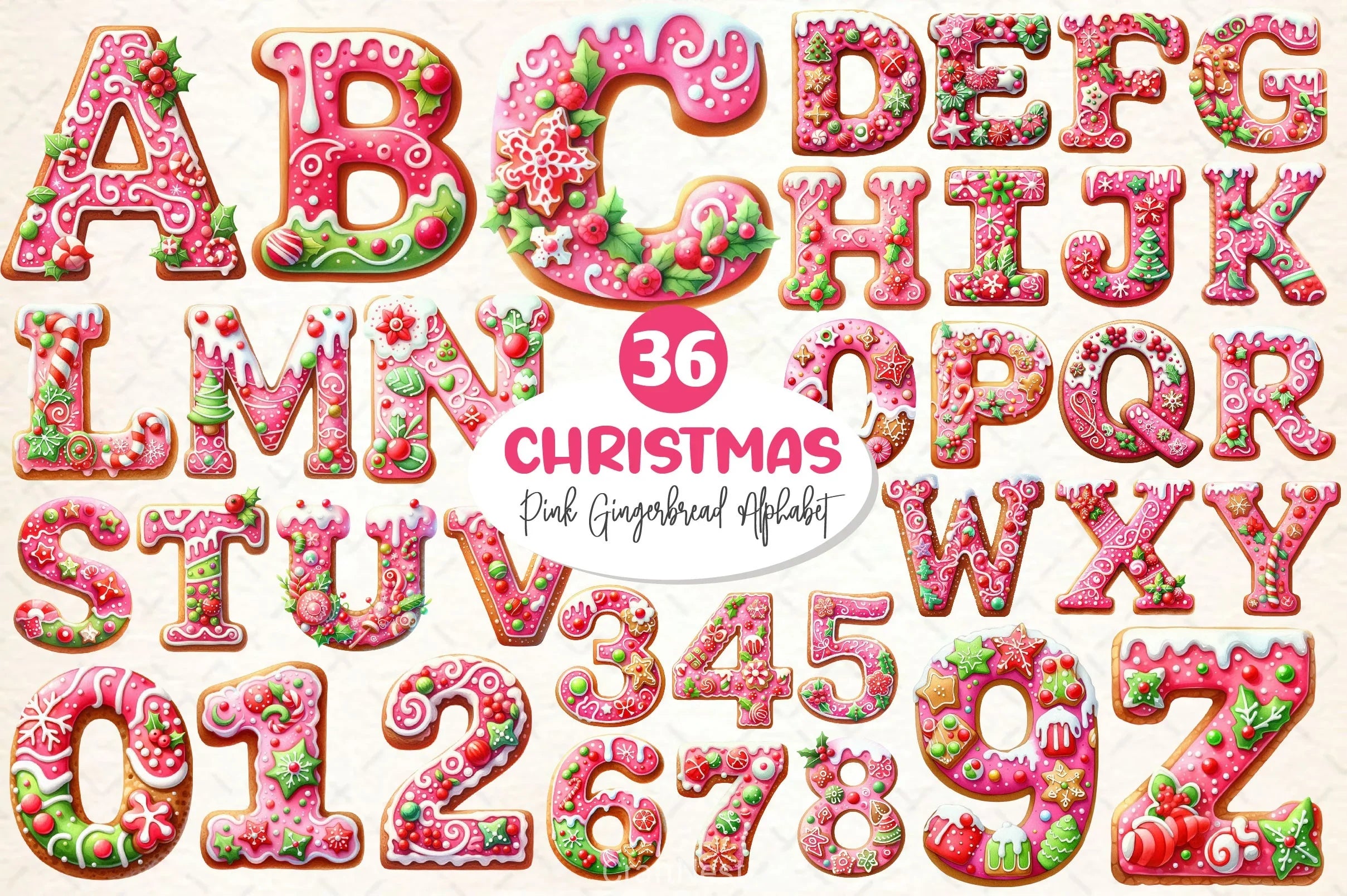 Pink Christmas Gingerbread Alphabet Clipart Bundle