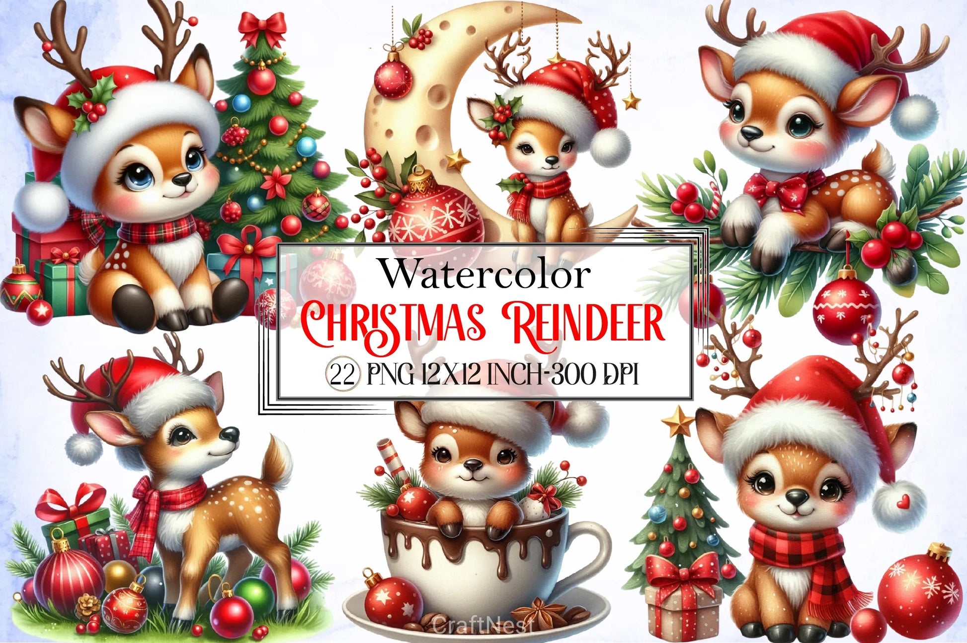 Cute Christmas Reindeer Clipart Bundle - CraftNest - Digital Crafting and Art
