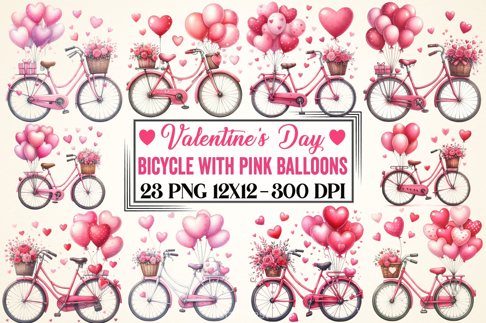 Valentine Bicycle Pink Balloons Clipart Bundle - CraftNest - Digital Crafting and Art