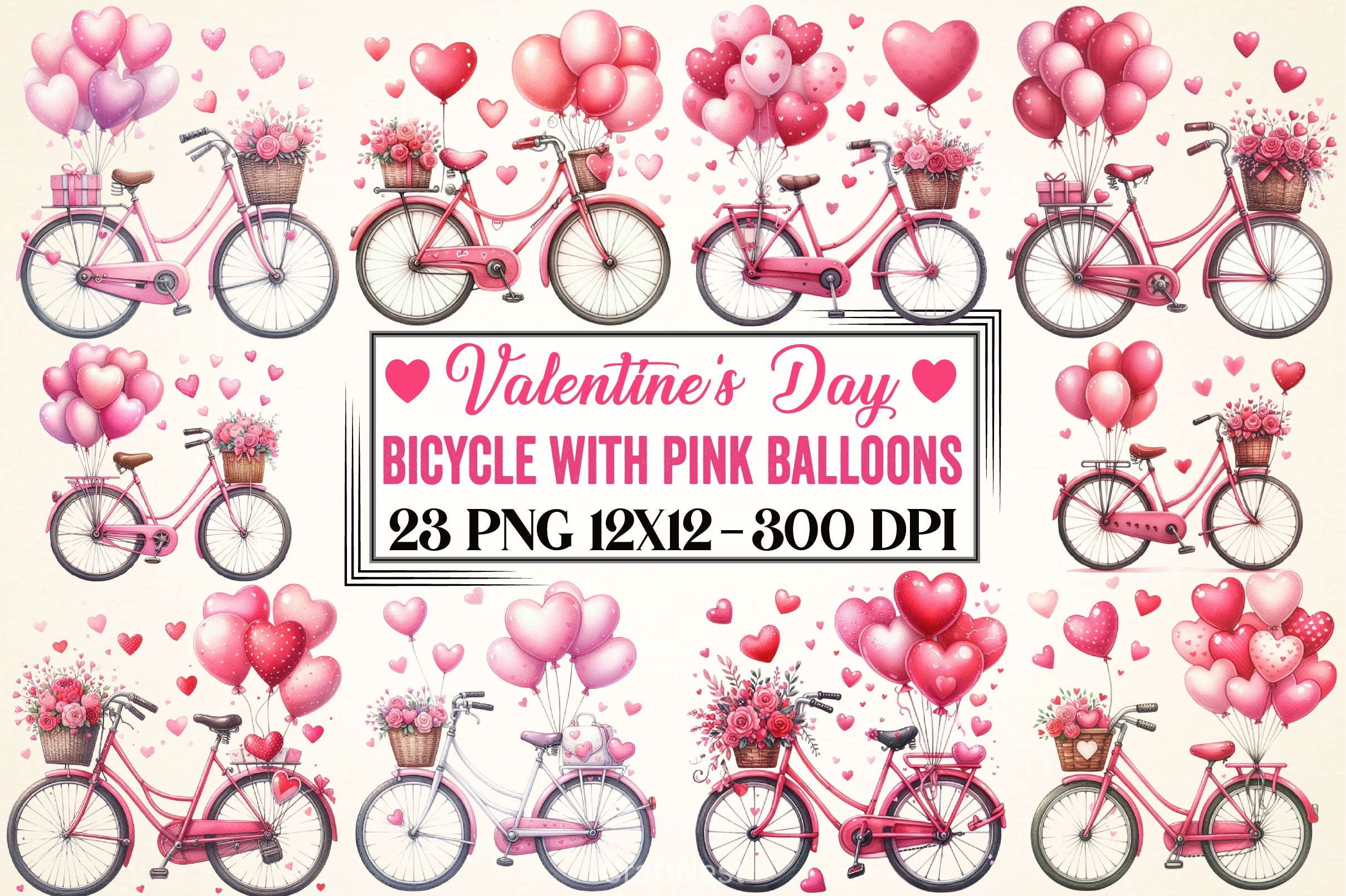 Valentine Bicycle Pink Balloons Clipart Bundle - CraftNest - Digital Crafting and Art