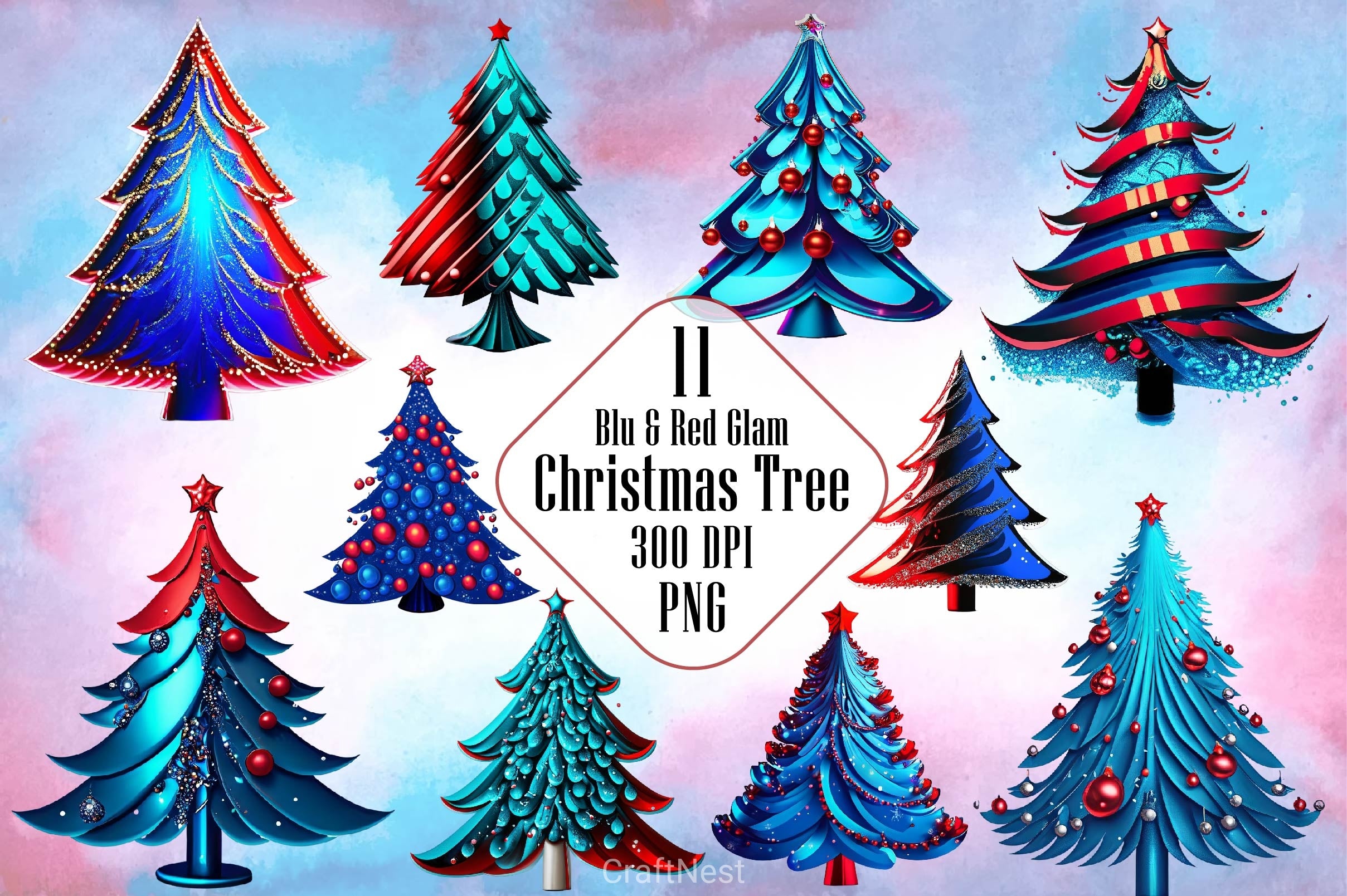 Blue And Red Glam Christmas Tree Clipart Bundle - CraftNest - Digital Crafting and Art