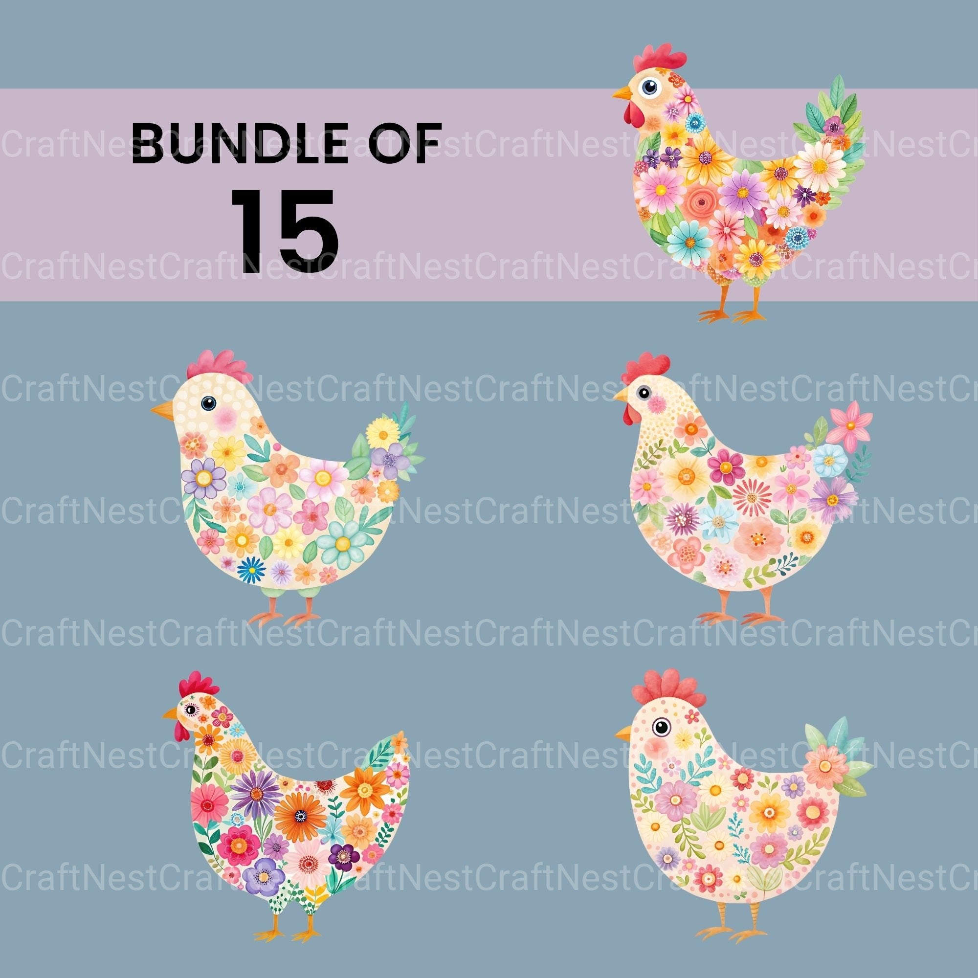 Flower Chickens Clipart Bundle - CraftNest - Digital Crafting and Art