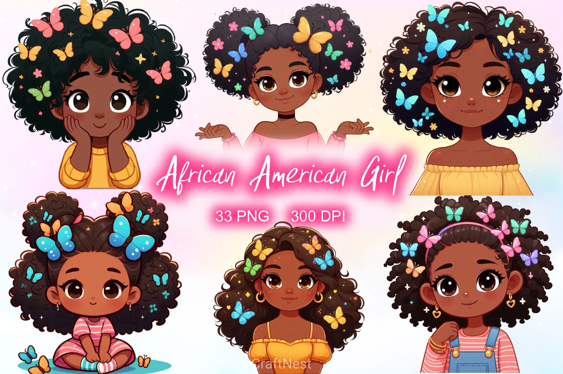 African American Girl With Butterflies Clipart Bundle - CraftNest - Digital Crafting and Art