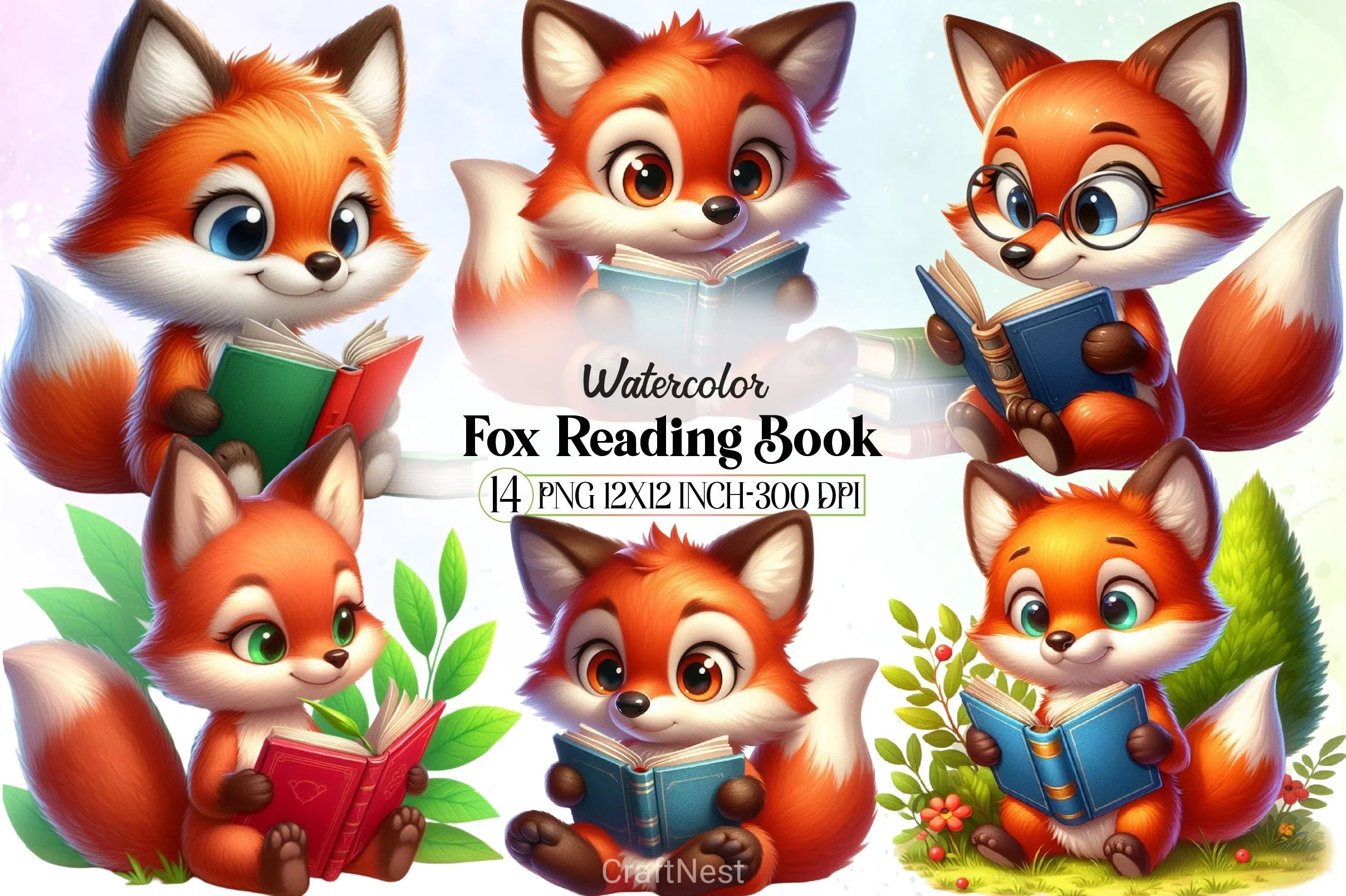 Cute Fox Reading Clipart Bundle