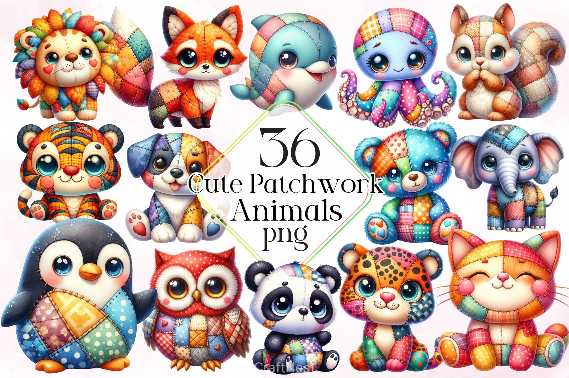 Cute Patchwork Animals Clipart Bundle 3 - CraftNest - Digital Crafting and Art