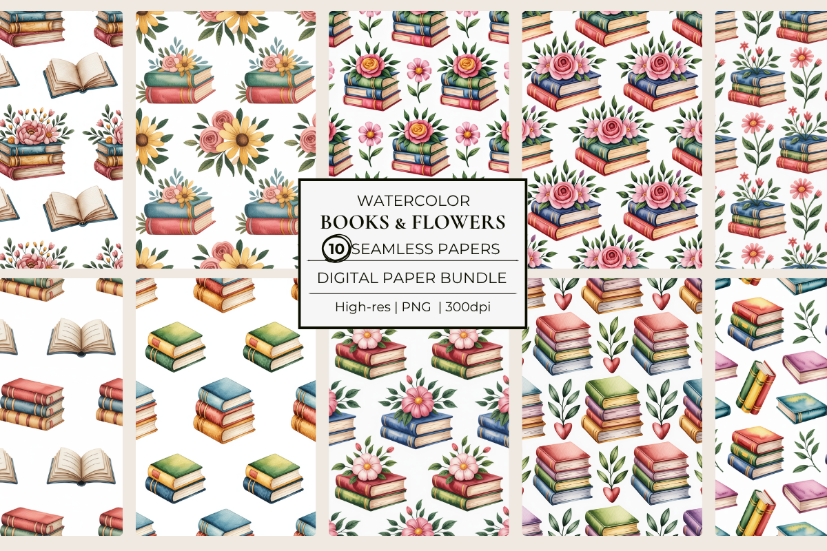 Books & Flowers Seamless Papers