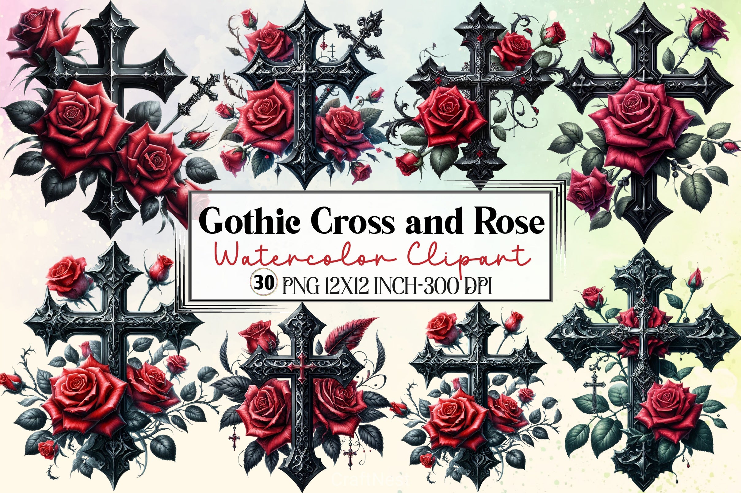 Gothic Cross & Rose Clipart Bundle - CraftNest - Digital Crafting and Art