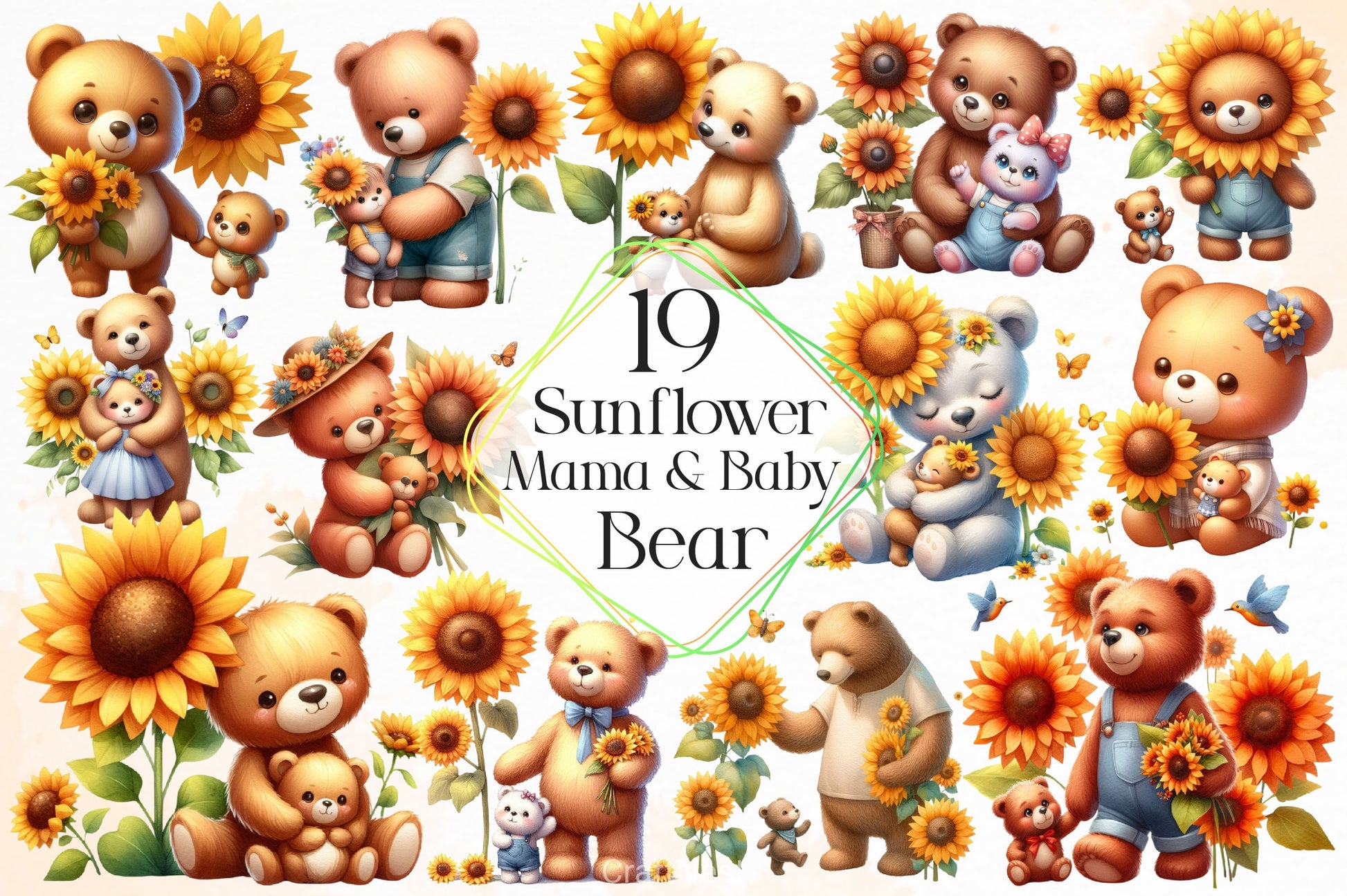 Sunflower Mama And Baby Bear Clipart Bundle 2 - CraftNest - Digital Crafting and Art