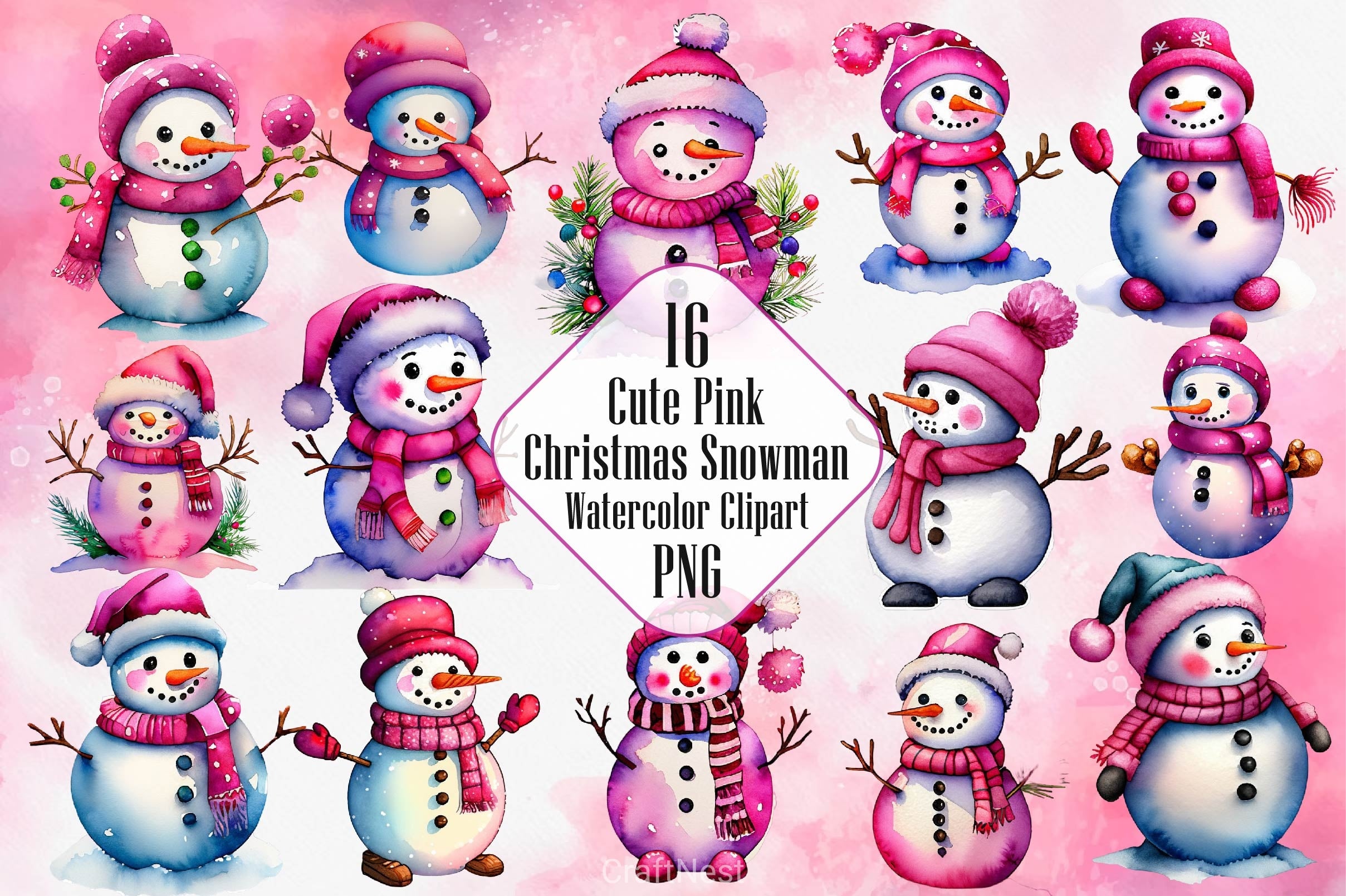 Cute Pink Color Snowman Christmas Clipart Bundle - CraftNest - Digital Crafting and Art