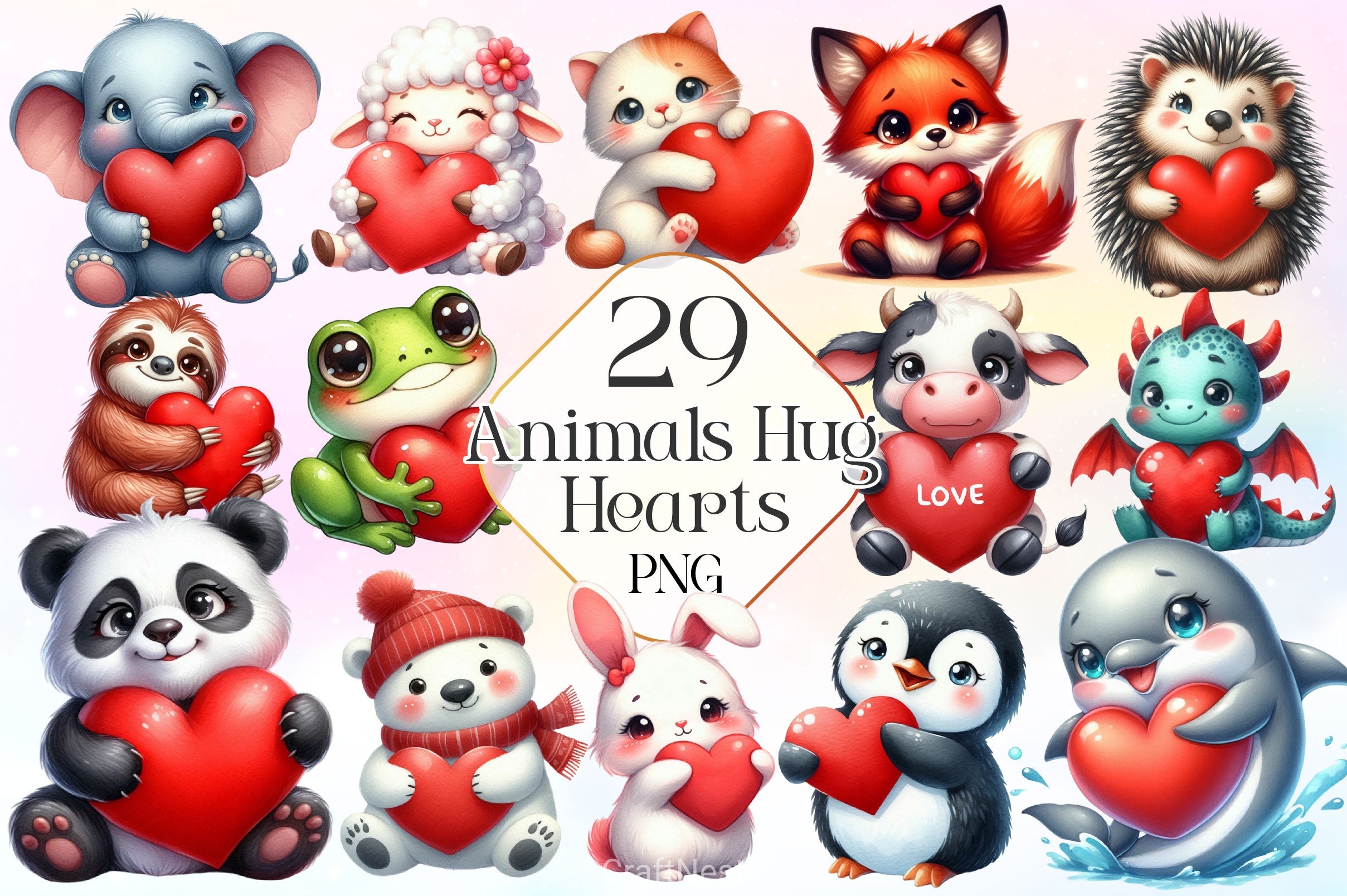 Adorable Animals Hug Hearts Clipart Bundle - CraftNest - Digital Crafting and Art