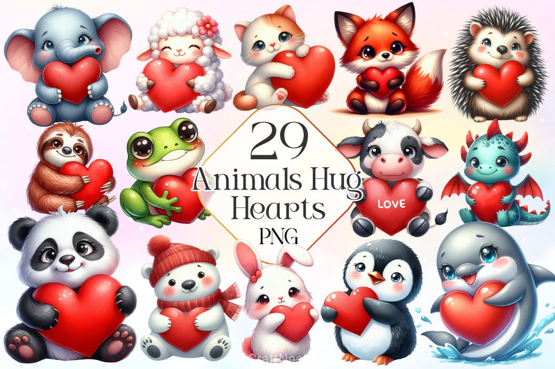 Adorable Animals Hug Hearts Clipart Bundle - CraftNest - Digital Crafting and Art