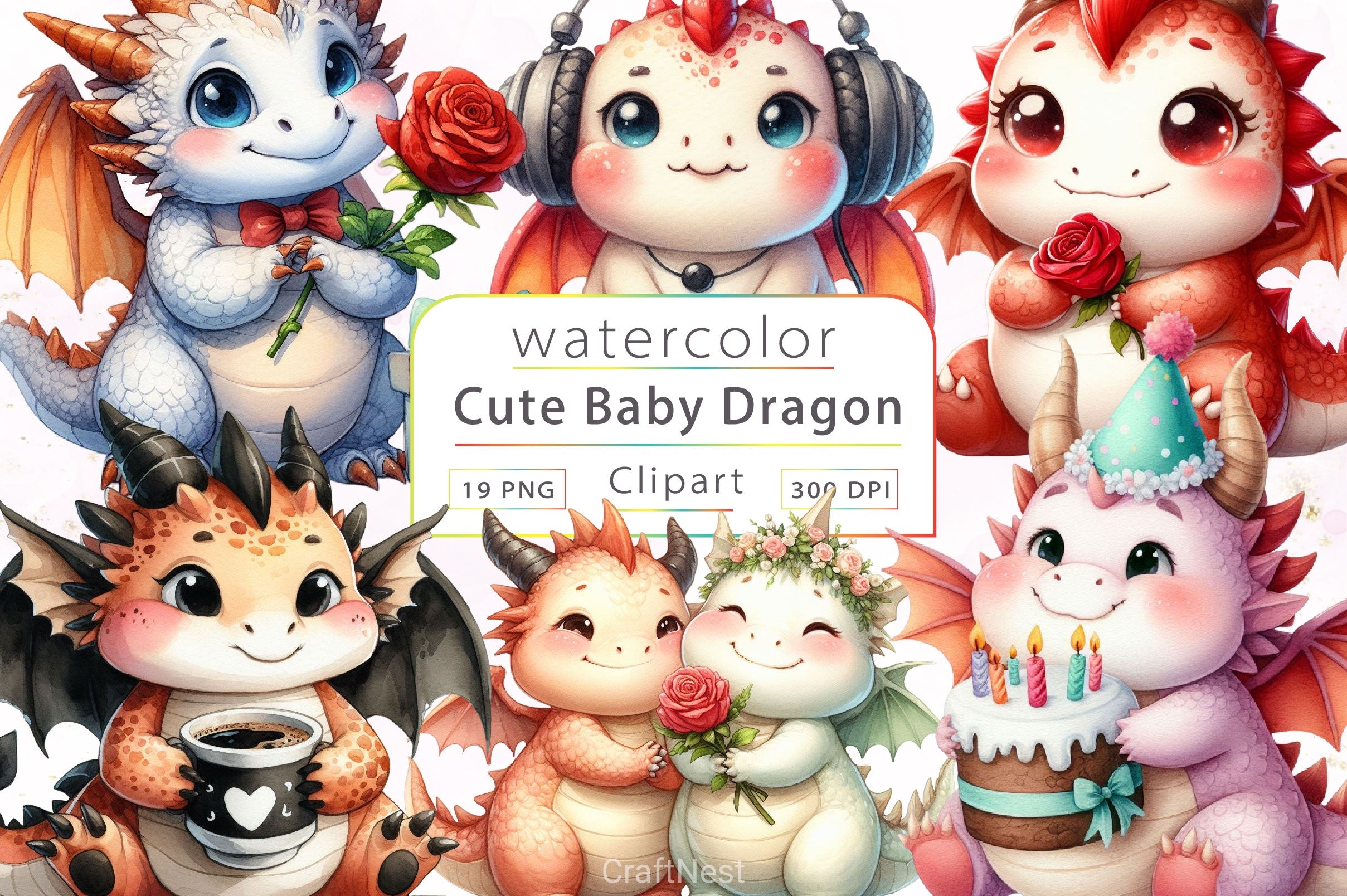 Cute Baby Dragon Valentine Clipart Bundle - CraftNest - Digital Crafting and Art