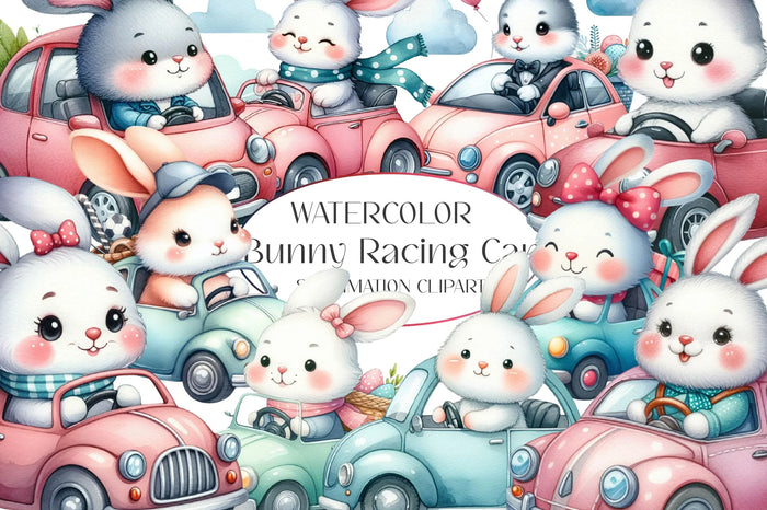 Cute Bunny Racing Car Clipart Bundle