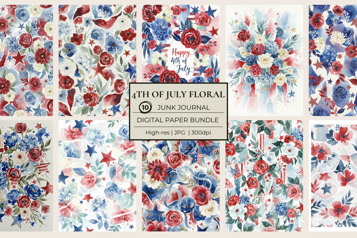 4th of July Florals Junk Journal Papers