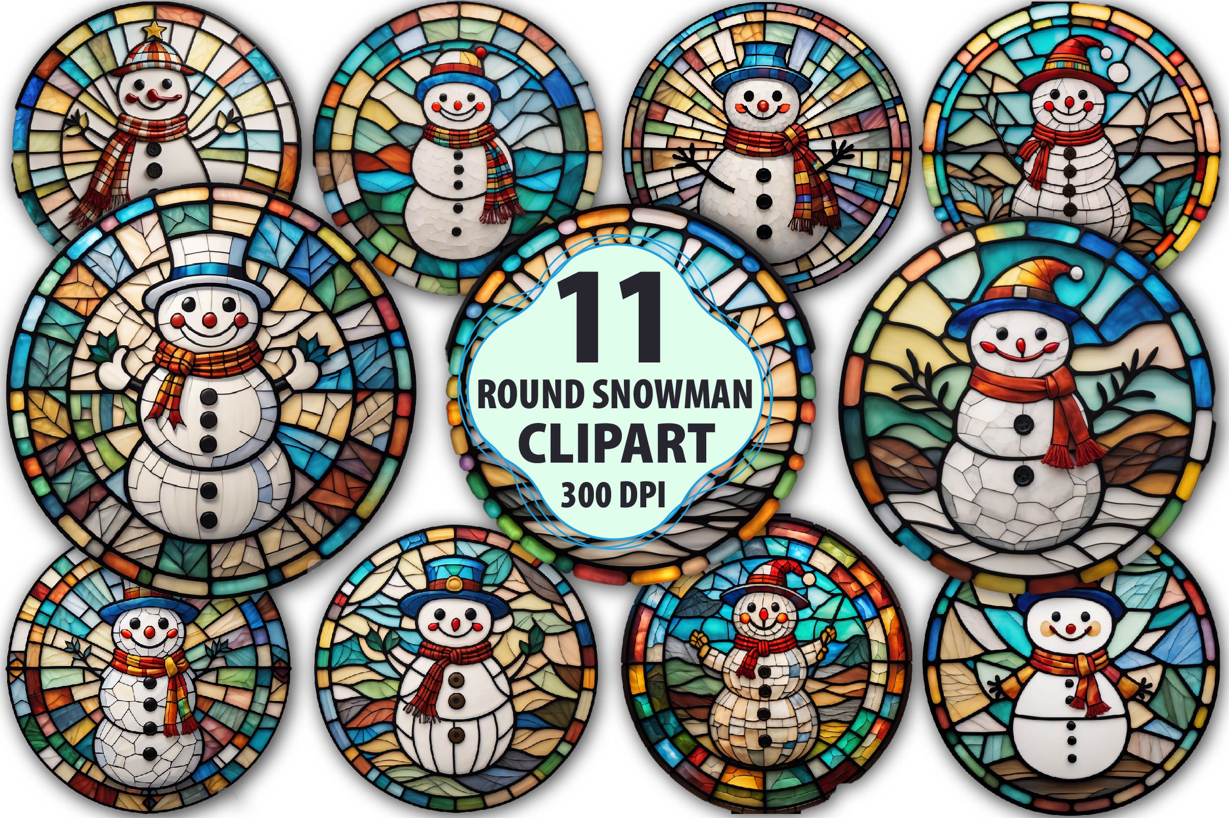 Round Stained Glass Christmas Snowman Clipart Bundle - CraftNest - Digital Crafting and Art