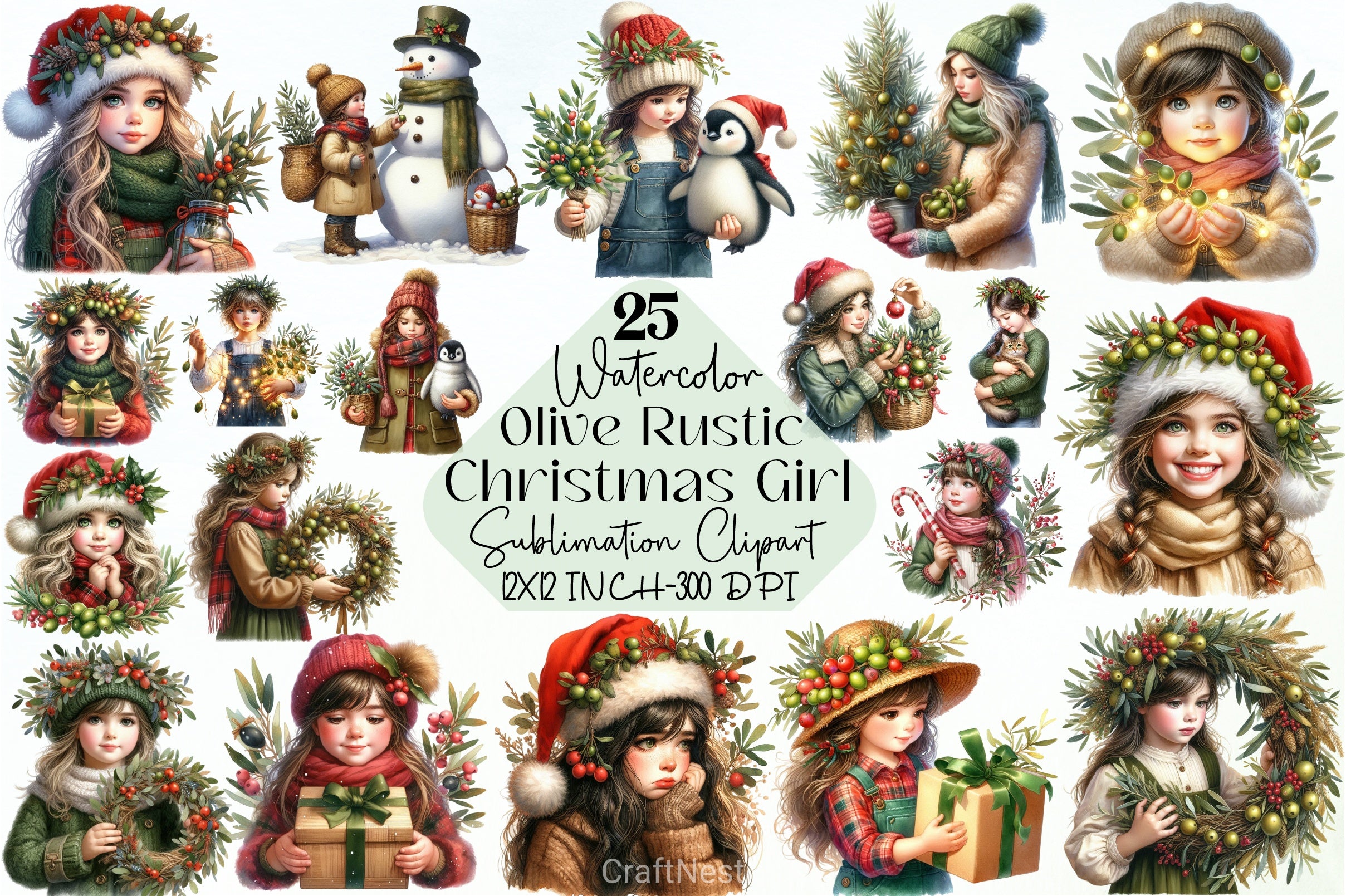 Olive Rustic Christmas Girl Clipart Bundle - CraftNest - Digital Crafting and Art